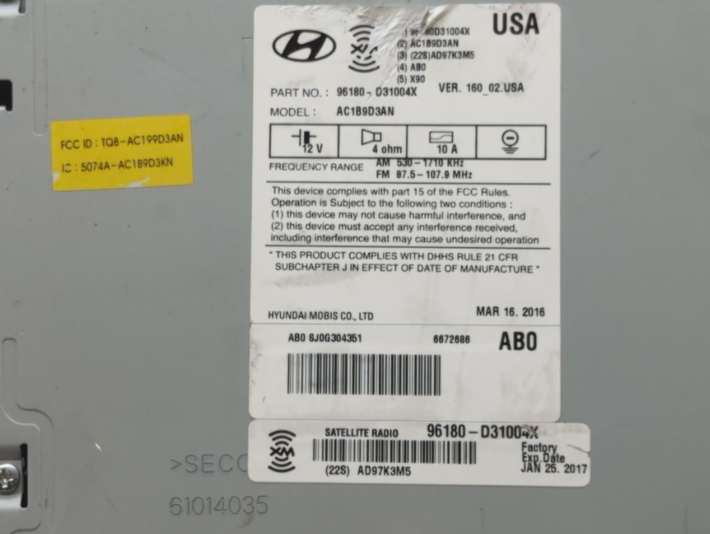 2016-2017 Hyundai Tucson Radio AM FM Cd Player Receiver Replacement P/N:96560-D33304X 96180-D31004X Fits Fits 2016 2017 OEM 