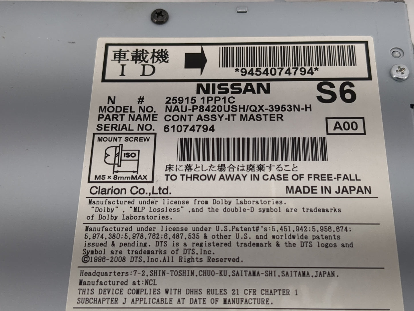 2014-2016 Infiniti Qx80 Radio AM FM Cd Player Receiver Replacement P/N:25915 1PP1C Fits Fits 2014 2015 2016 OEM Used Auto Pa