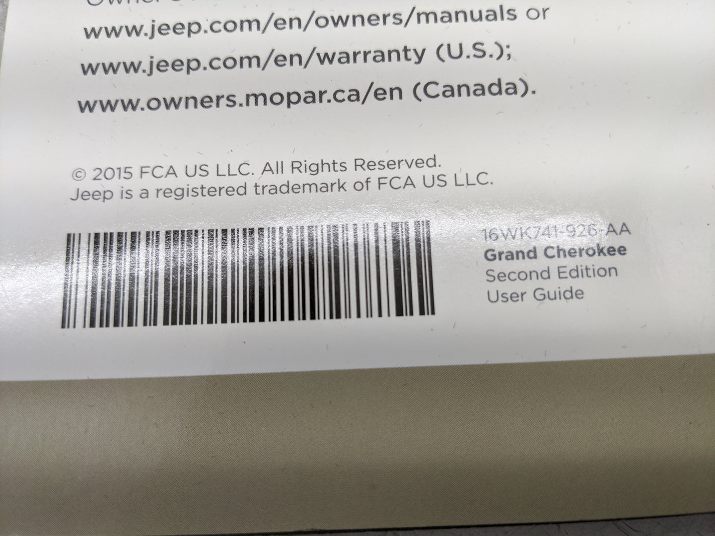 2016 Jeep Grand Cherokee Owners Manual Book Guide OEM Used Auto Parts - Oemusedautoparts1.com