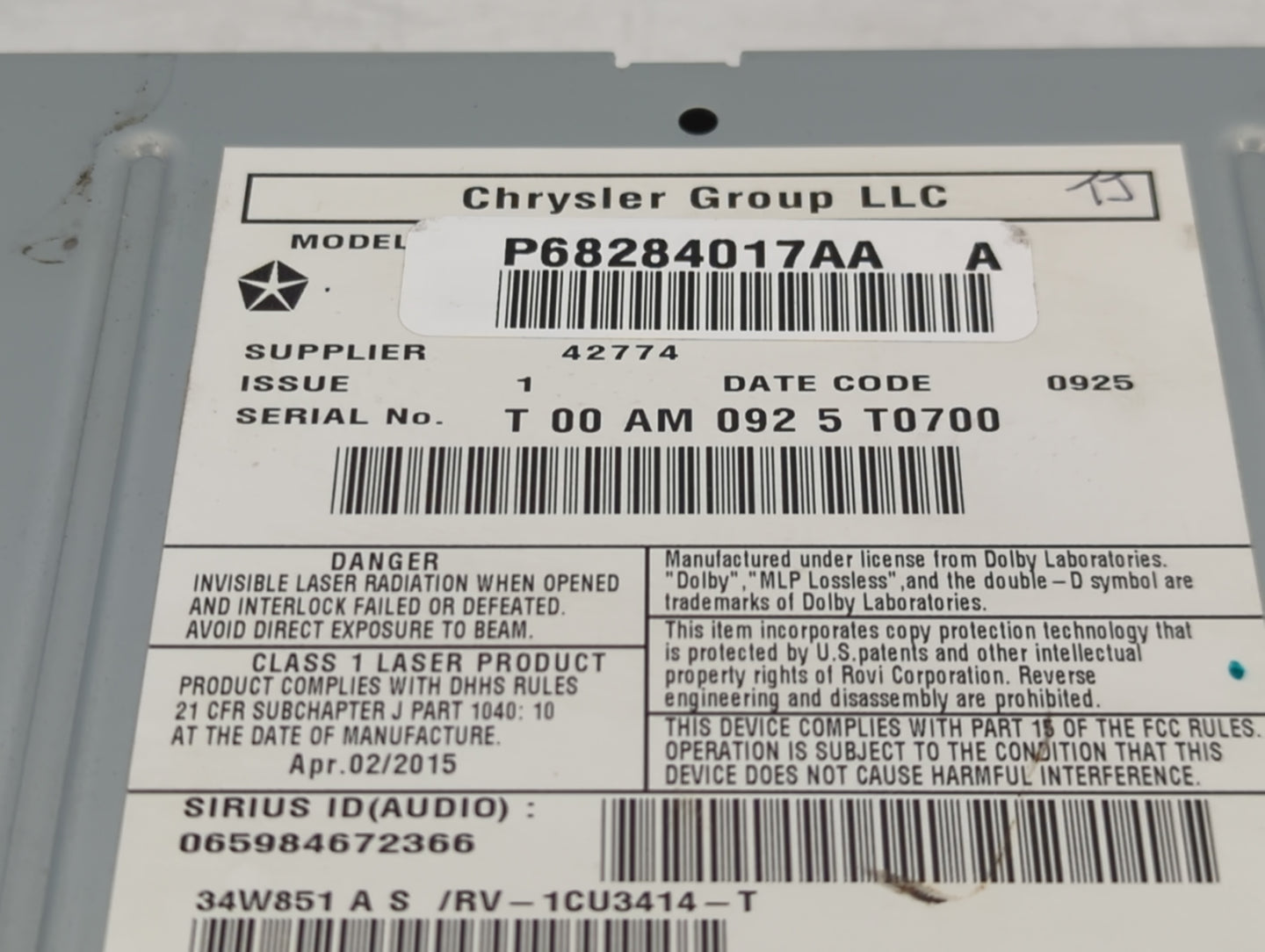 2011-2017 Jeep Patriot Radio AM FM Cd Player Receiver Replacement P/N:P68284017AA Fits OEM Used Auto Parts - Oemusedautopart