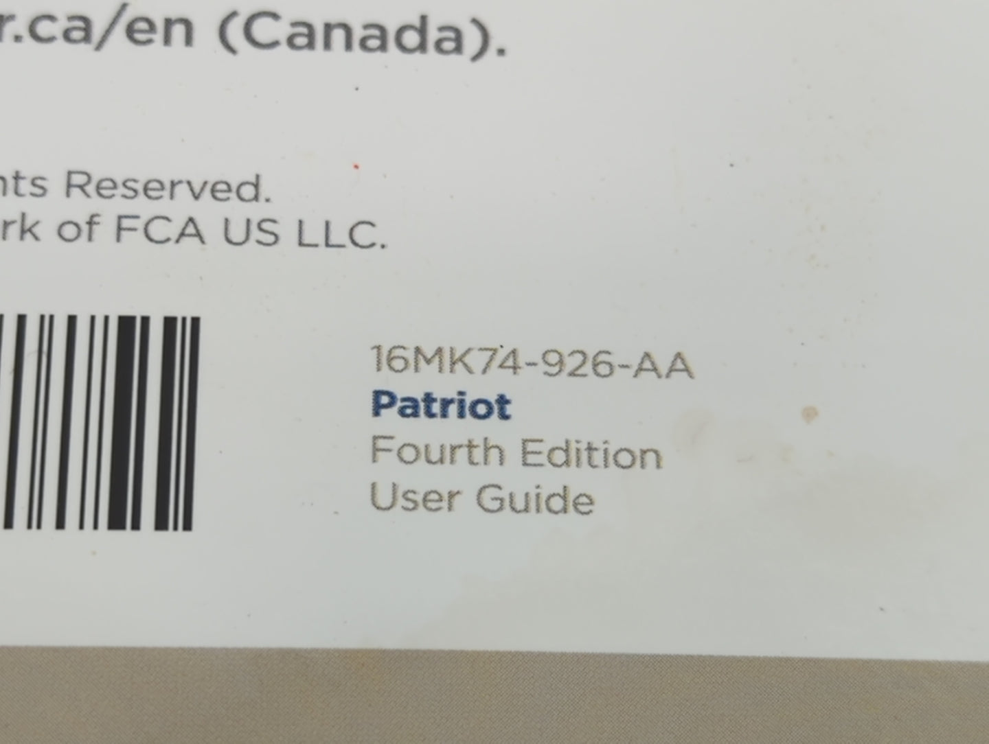 2016 Jeep Patriot Owners Manual Book Guide P/N:16MK74-926-AA OEM Used Auto Parts - Oemusedautoparts1.com