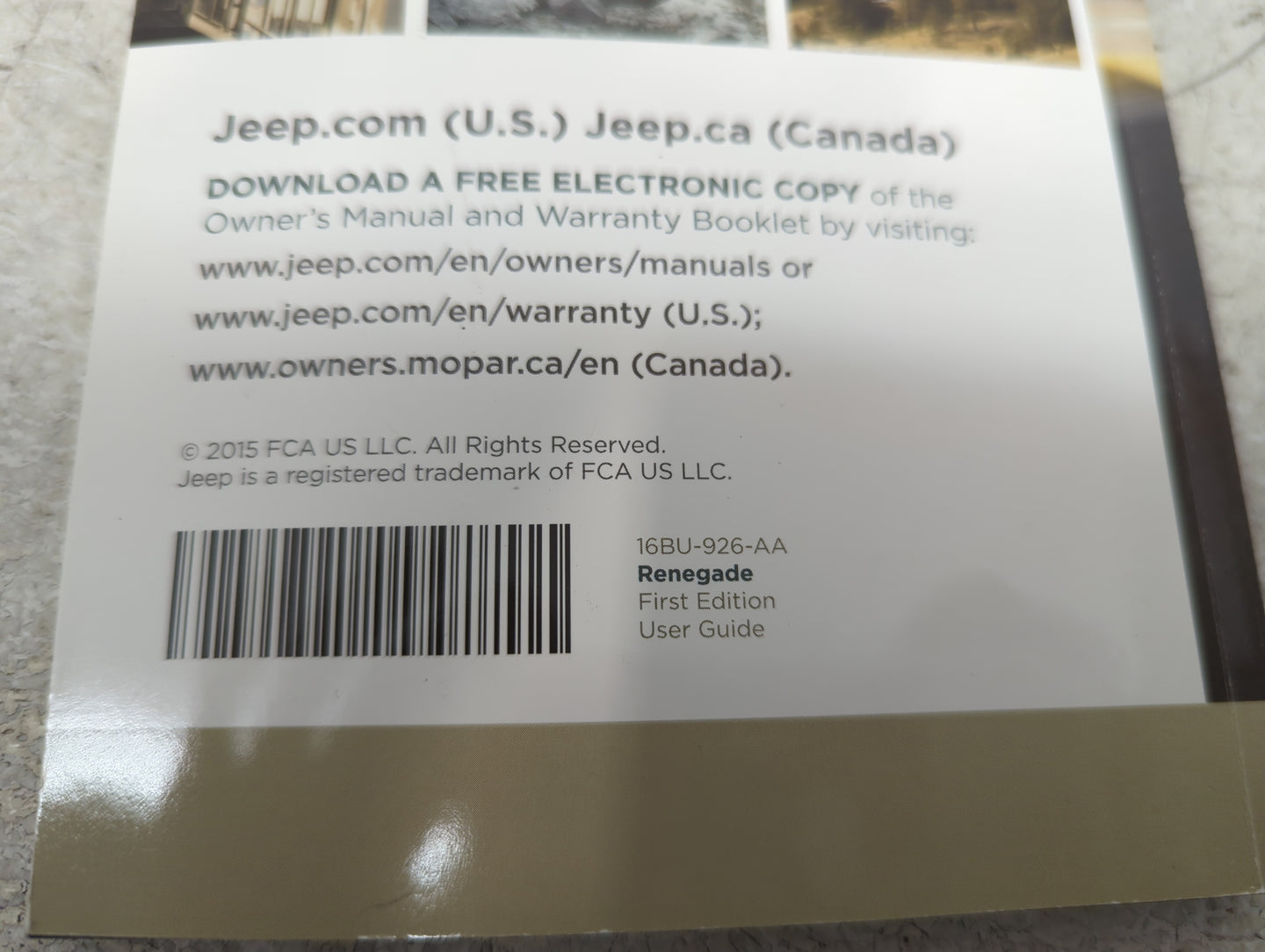 2016 Jeep Renegade Owners Manual Book Guide P/N:16BU-926-AA OEM Used Auto Parts - Oemusedautoparts1.com