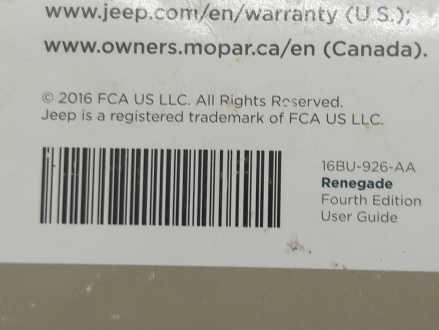 2016 Jeep Renegade Owners Manual Book Guide P/N:16BU-926-AA OEM Used Auto Parts - Oemusedautoparts1.com
