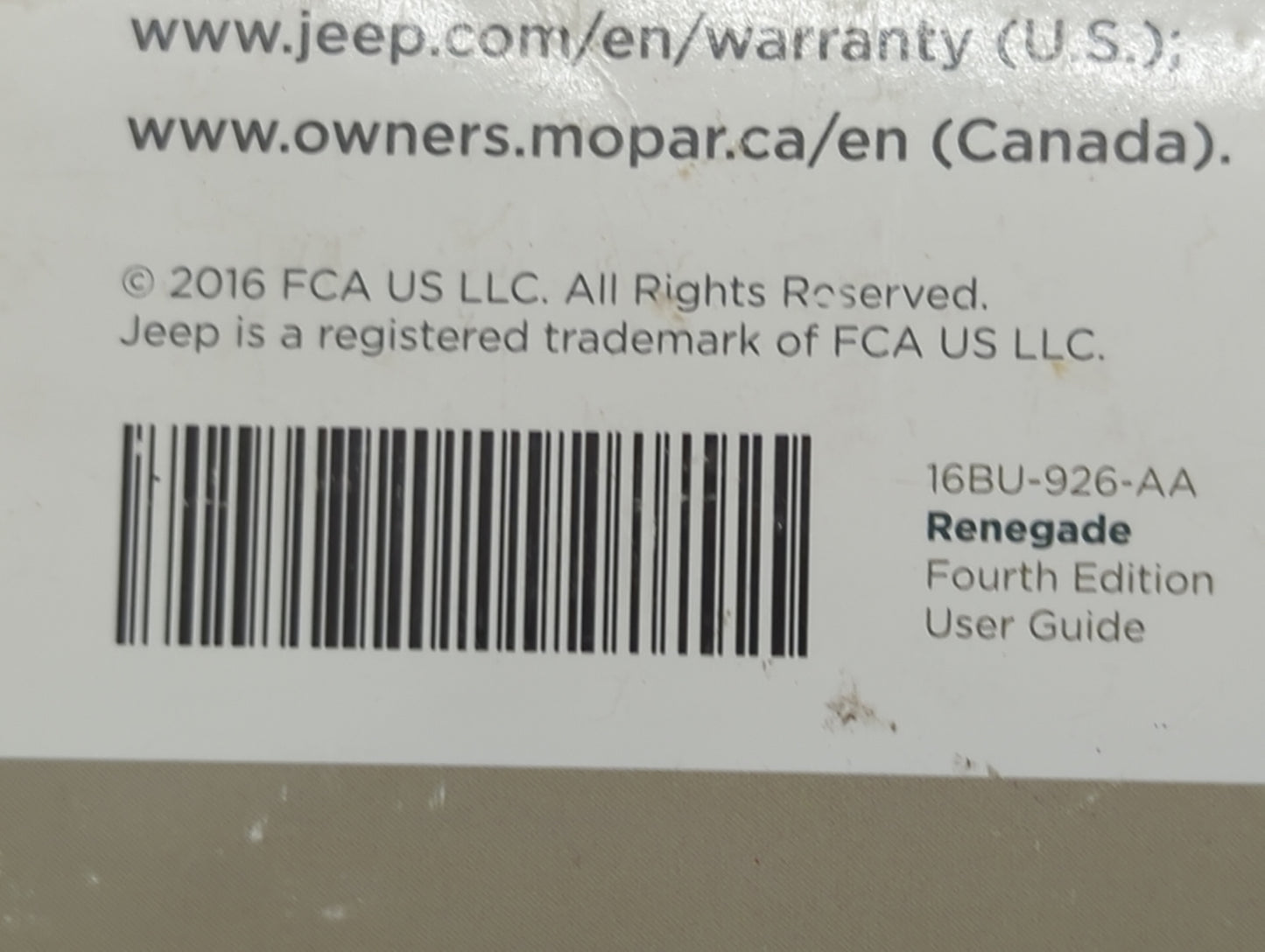 2016 Jeep Renegade Owners Manual Book Guide P/N:16BU-926-AA OEM Used Auto Parts - Oemusedautoparts1.com
