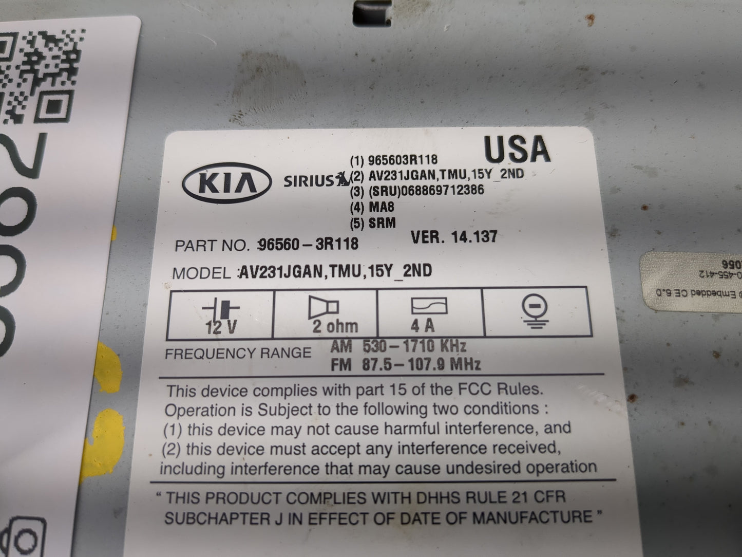 2016 Kia Cadenza Radio AM FM Cd Player Receiver Replacement P/N:96560-3R118 Fits OEM Used Auto Parts - Oemusedautoparts1.com