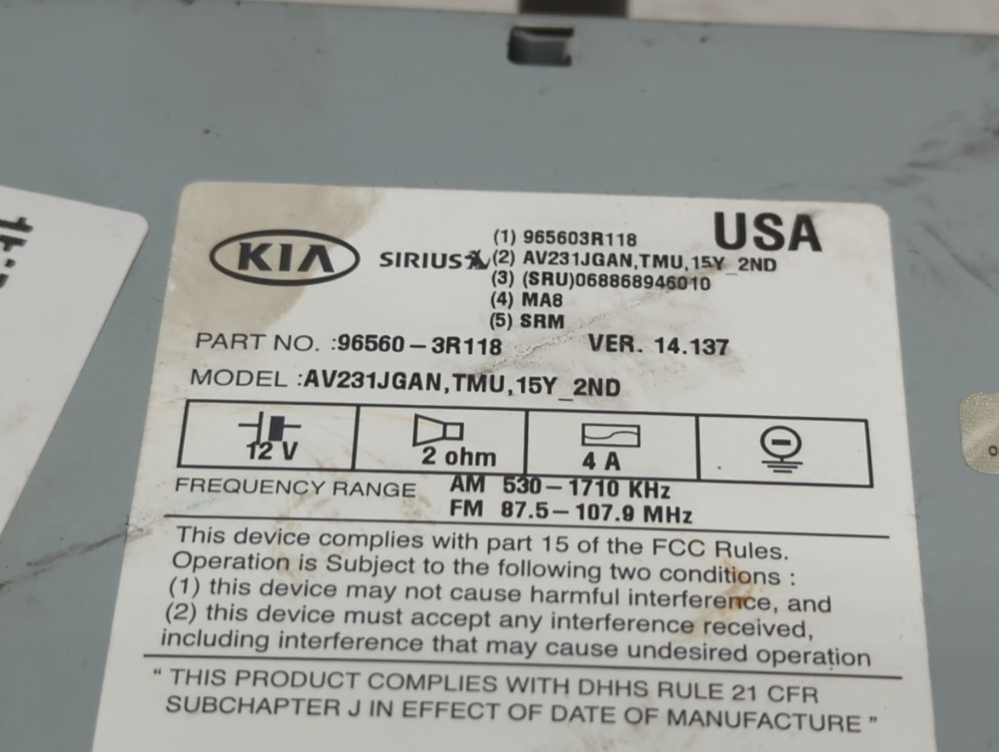 2014-2016 Kia Cadenza Radio AM FM Cd Player Receiver Replacement P/N:96560-3R118 Fits Fits 2014 2015 2016 OEM Used Auto Part