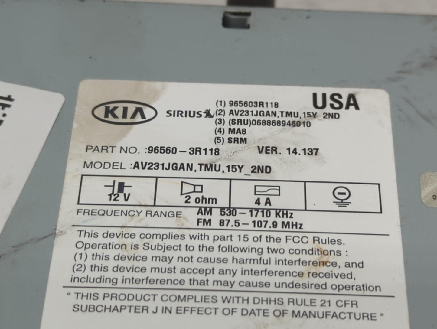2014-2016 Kia Cadenza Radio AM FM Cd Player Receiver Replacement P/N:96560-3R118 Fits Fits 2014 2015 2016 OEM Used Auto Part