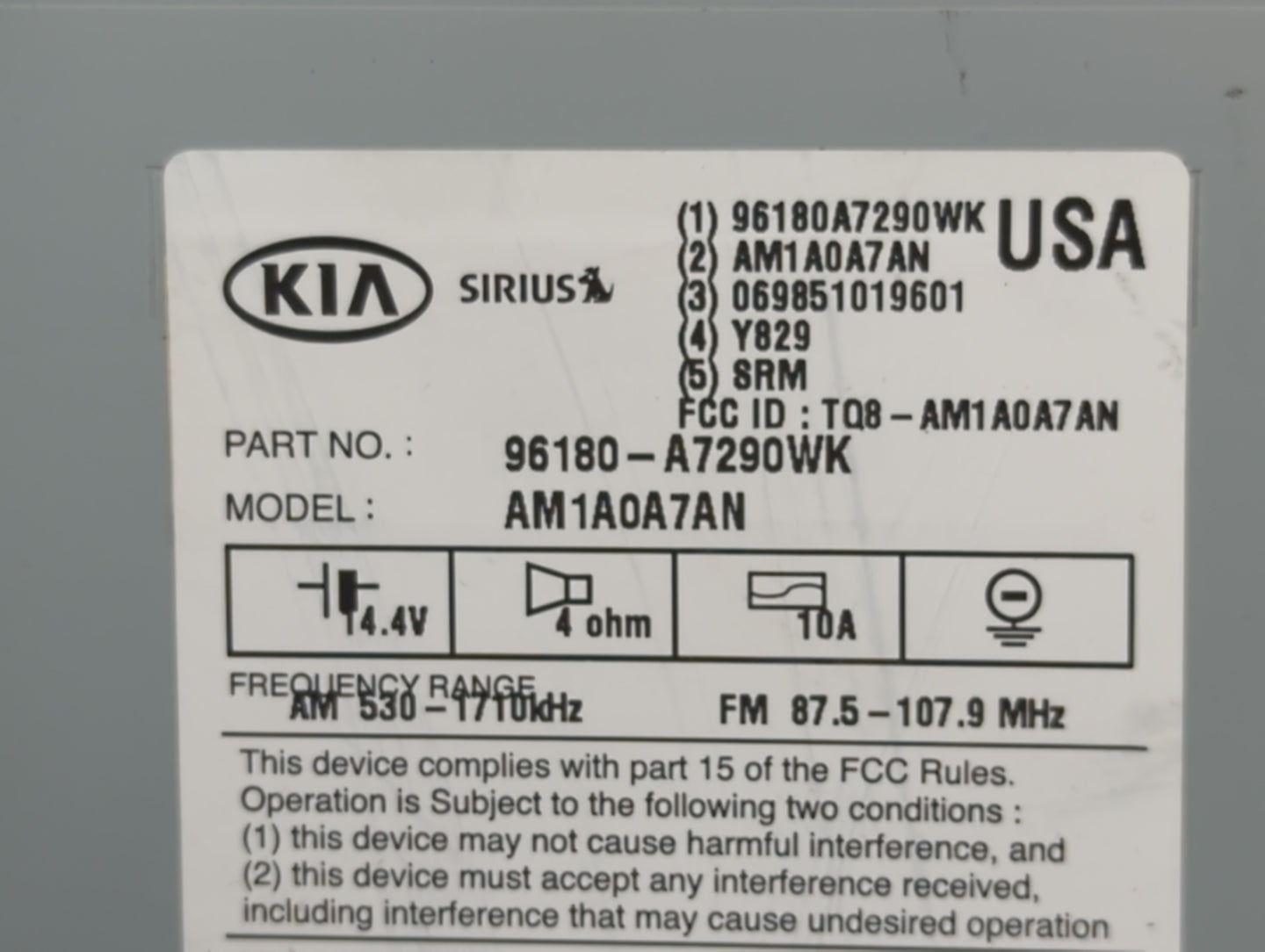 2015-2016 Kia Forte Radio AM FM Cd Player Receiver Replacement P/N:96180-A7290WK Fits Fits 2015 2016 OEM Used Auto Parts - O