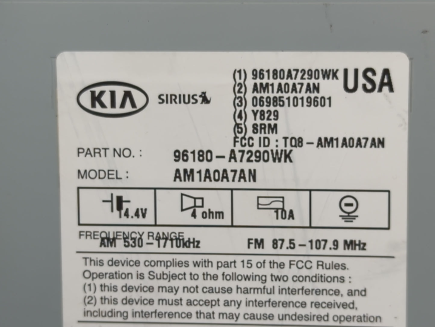 2015-2016 Kia Forte Radio AM FM Cd Player Receiver Replacement P/N:96180-A7290WK Fits Fits 2015 2016 OEM Used Auto Parts - O