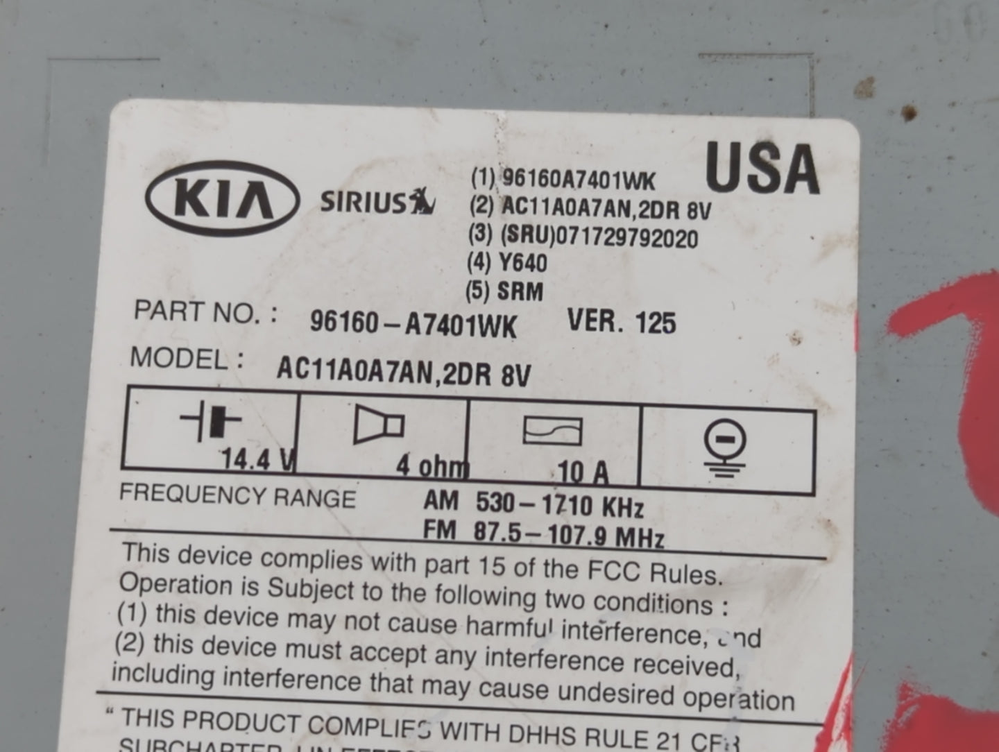 2014-2016 Kia Forte Radio AM FM Cd Player Receiver Replacement P/N:96160-A7401WK Fits Fits 2014 2015 2016 OEM Used Auto Part