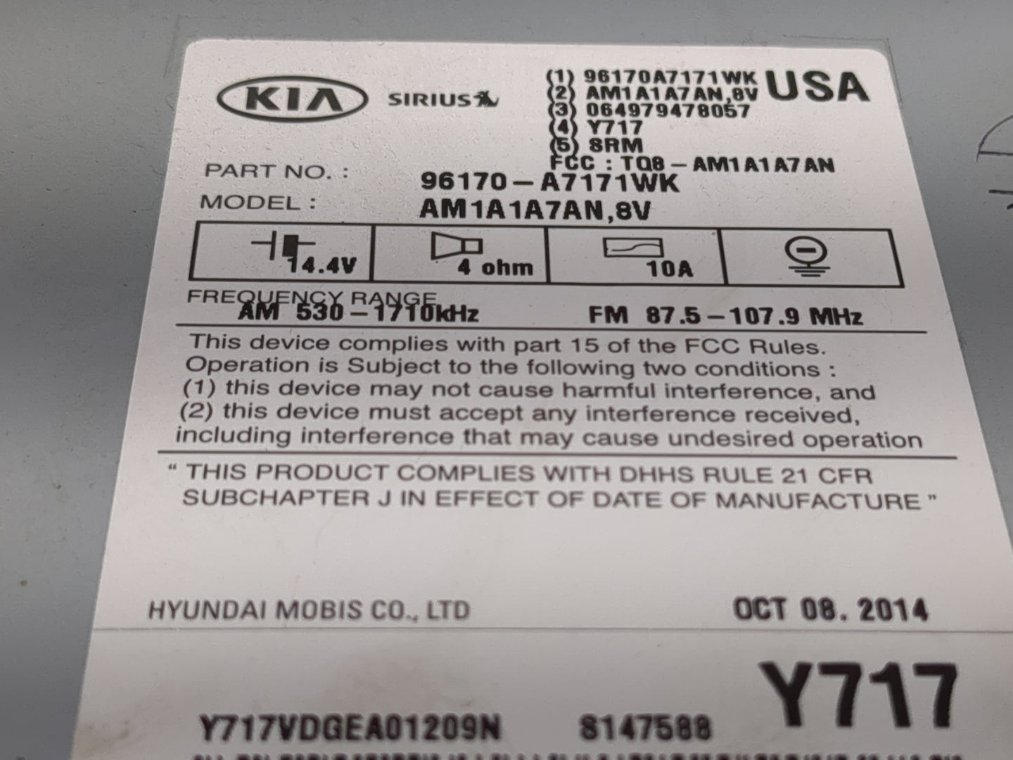 2014-2016 Kia Forte Radio AM FM Cd Player Receiver Replacement P/N:96170-A7171WK Fits Fits 2014 2015 2016 OEM Used Auto Part