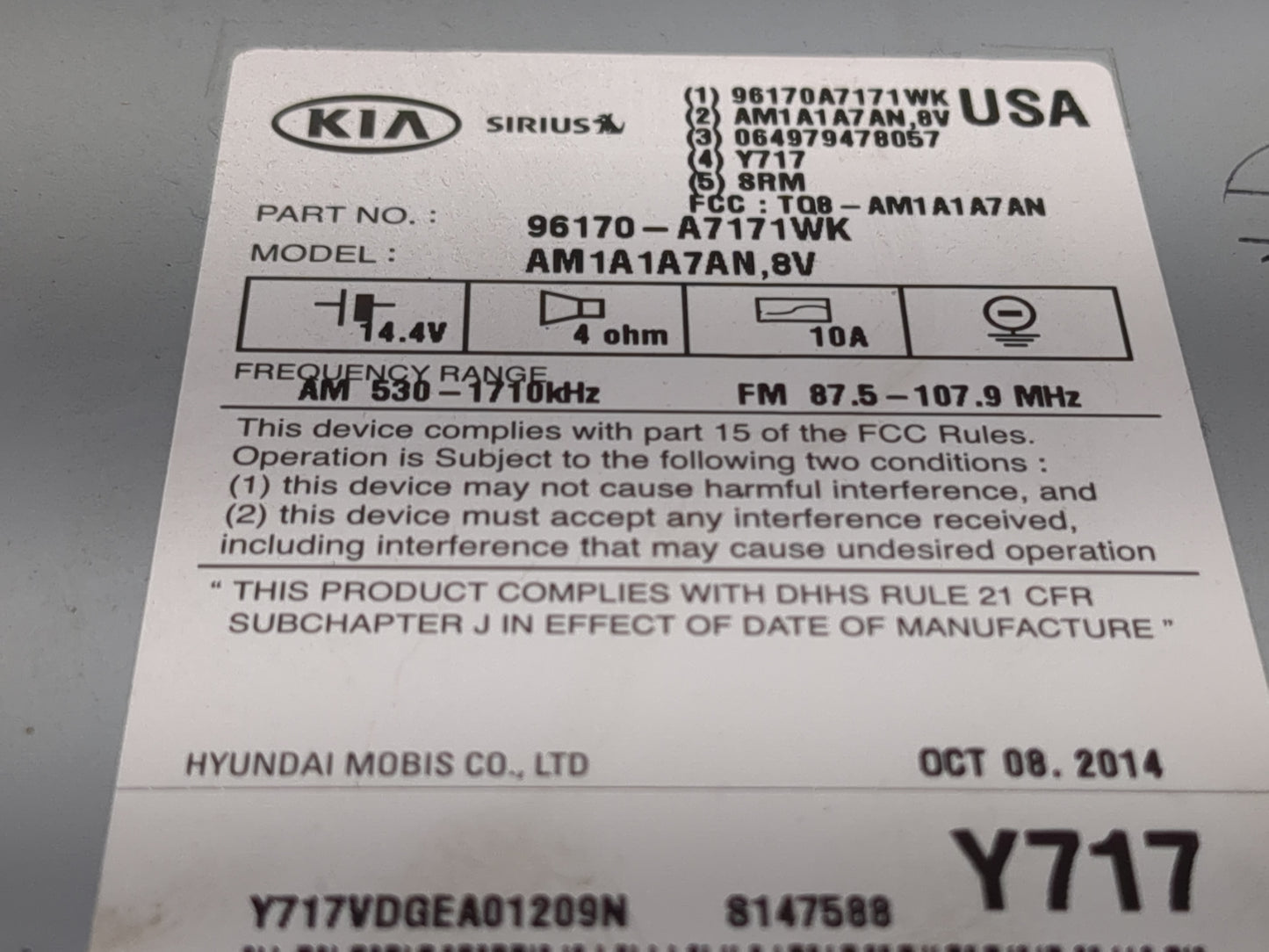 2014-2016 Kia Forte Radio AM FM Cd Player Receiver Replacement P/N:96170-A7171WK Fits Fits 2014 2015 2016 OEM Used Auto Part