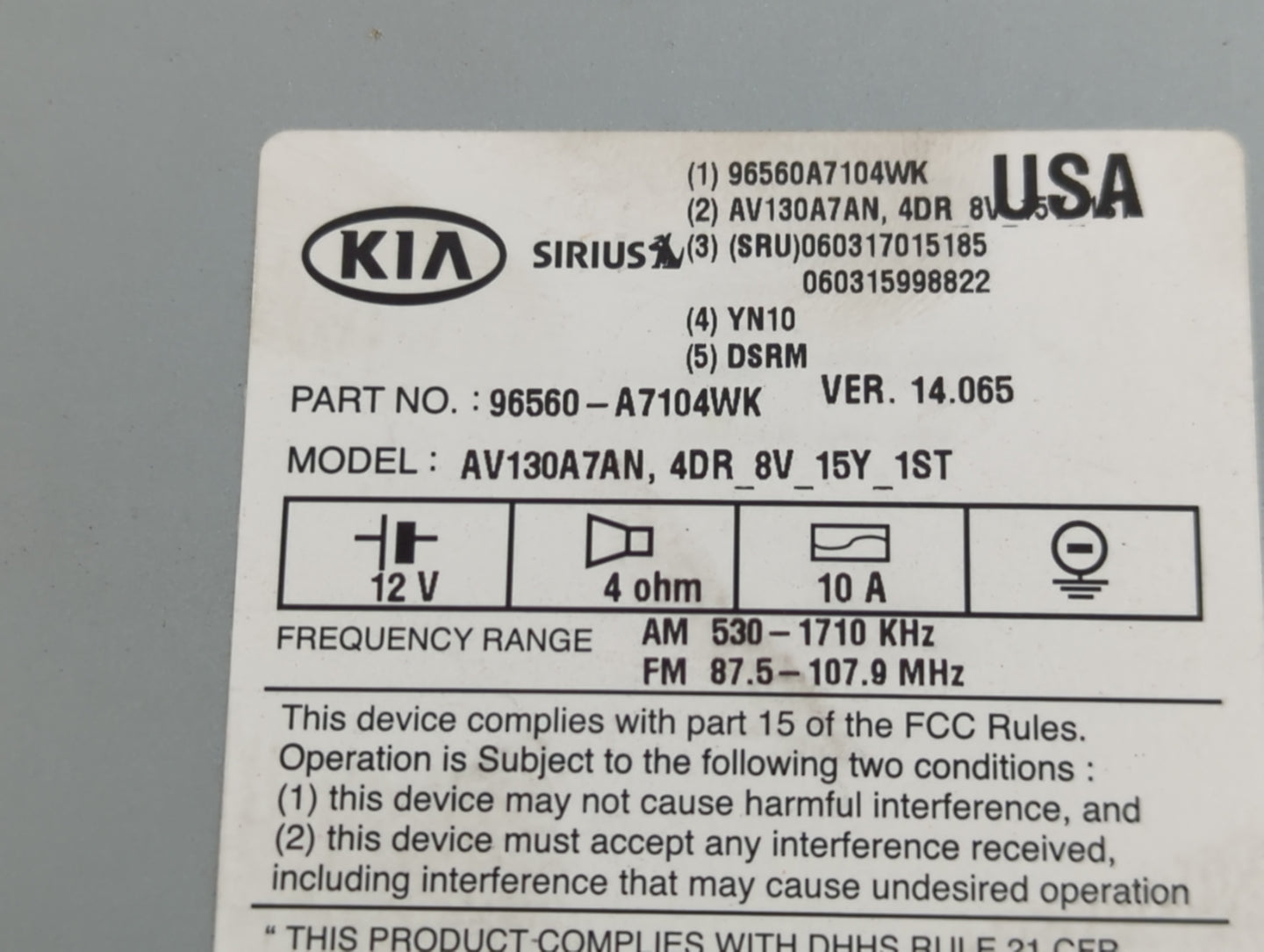 2014-2016 Kia Forte Radio AM FM Cd Player Receiver Replacement P/N:96560-A7104WK Fits Fits 2014 2015 2016 OEM Used Auto Part