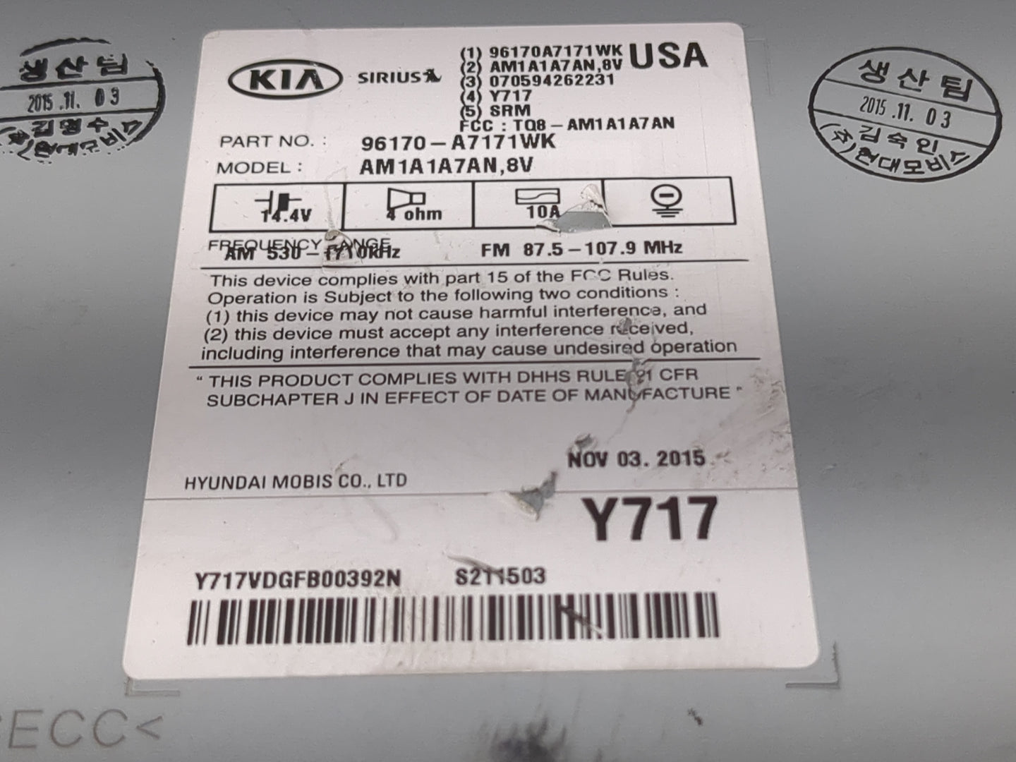 2014-2016 Kia Forte Radio AM FM Cd Player Receiver Replacement P/N:96170-A7171WK Fits Fits 2014 2015 2016 OEM Used Auto Part