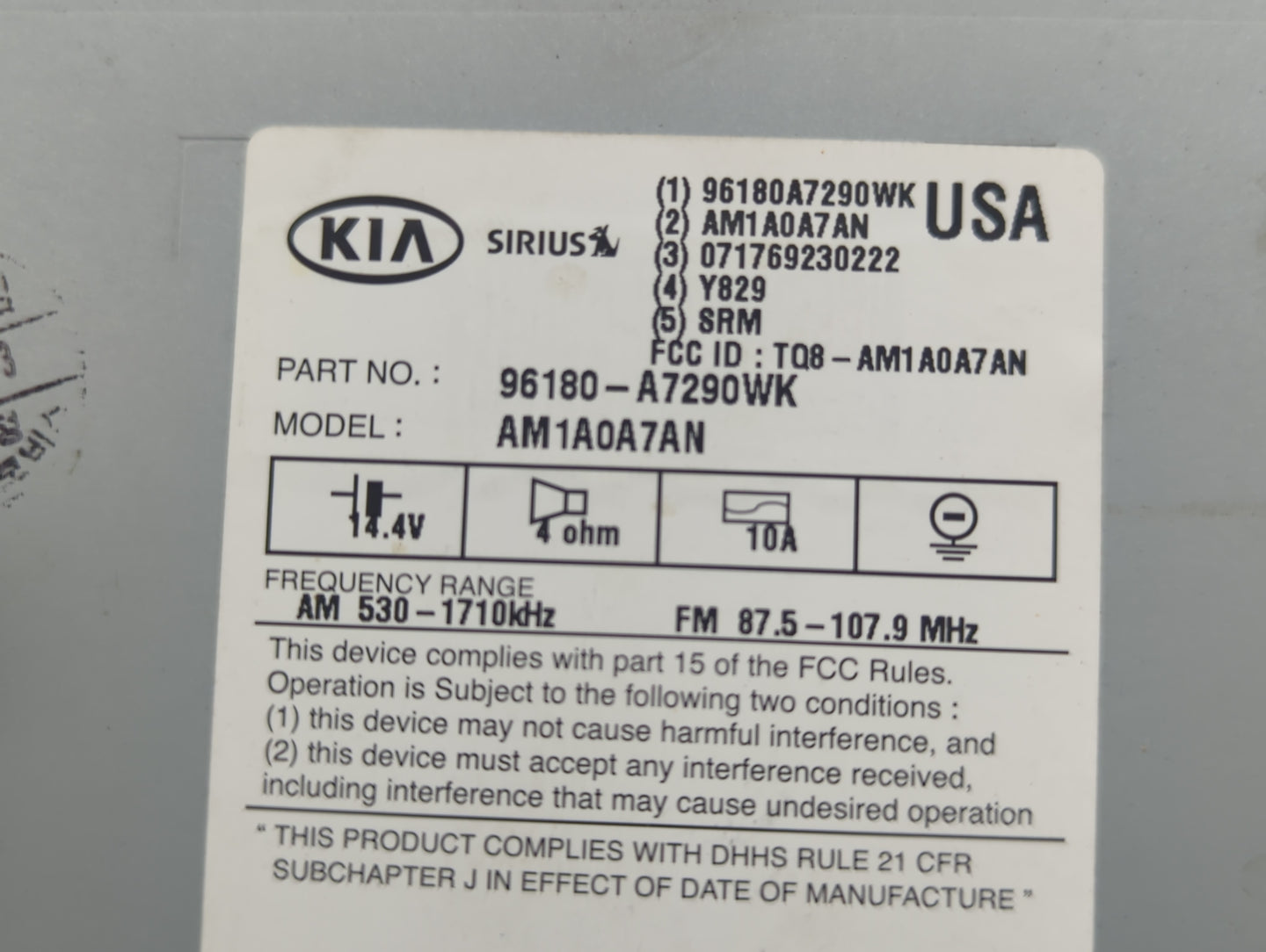 2015-2016 Kia Forte Radio AM FM Cd Player Receiver Replacement P/N:96180-A7290WK Fits Fits 2015 2016 OEM Used Auto Parts - O