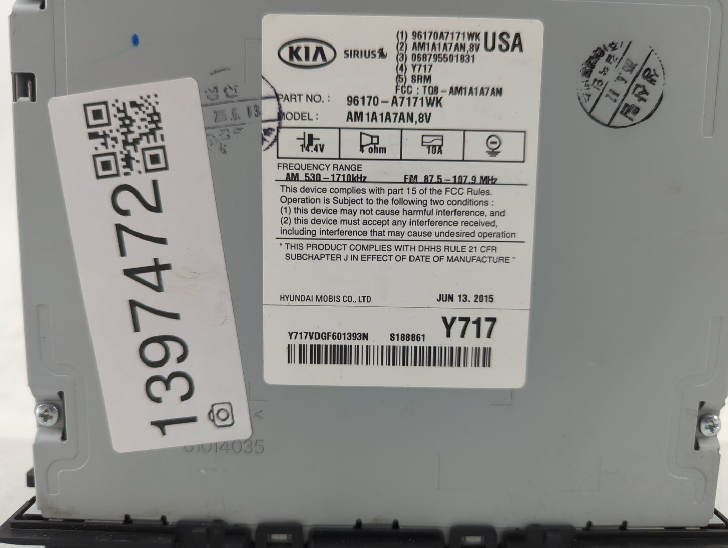 2014-2016 Kia Forte Radio AM FM Cd Player Receiver Replacement P/N:96170-A7171WK Fits Fits 2014 2015 2016 OEM Used Auto Part