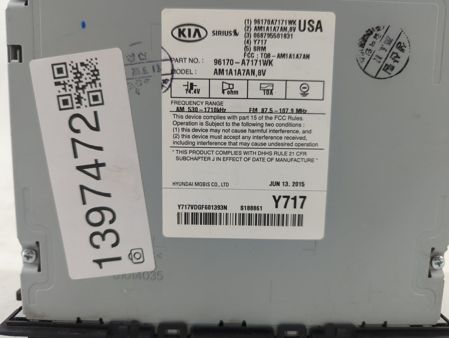 2014-2016 Kia Forte Radio AM FM Cd Player Receiver Replacement P/N:96170-A7171WK Fits Fits 2014 2015 2016 OEM Used Auto Part