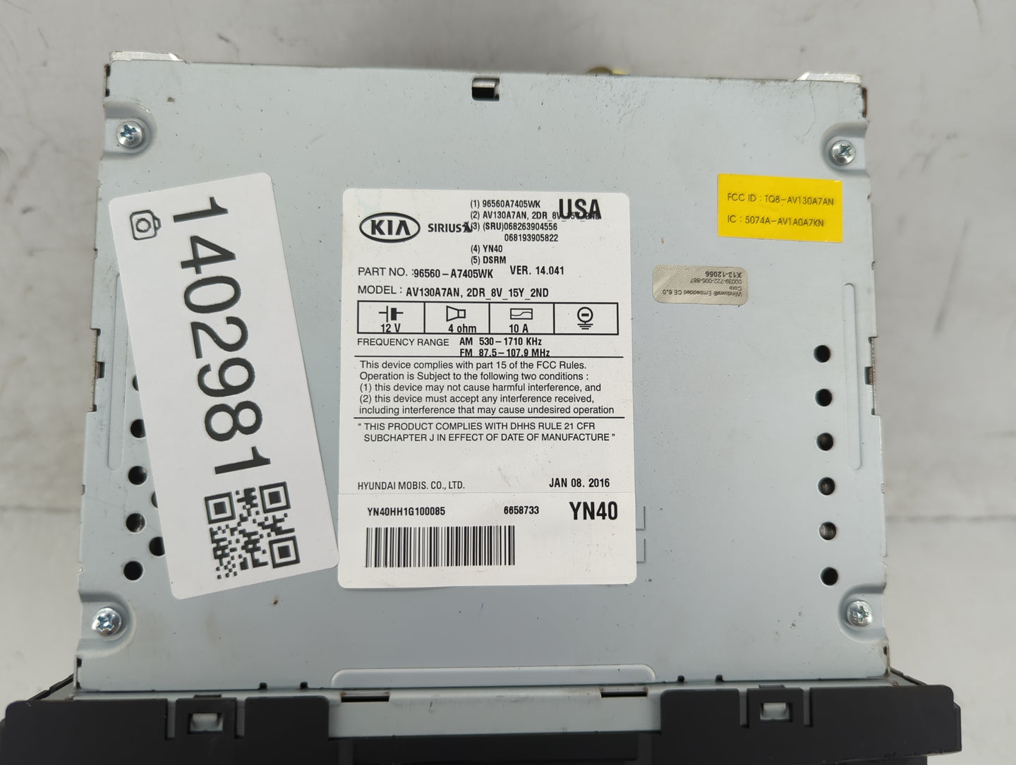 2014-2016 Kia Forte Radio AM FM Cd Player Receiver Replacement P/N:96560-A7405WK Fits Fits 2014 2015 2016 OEM Used Auto Part