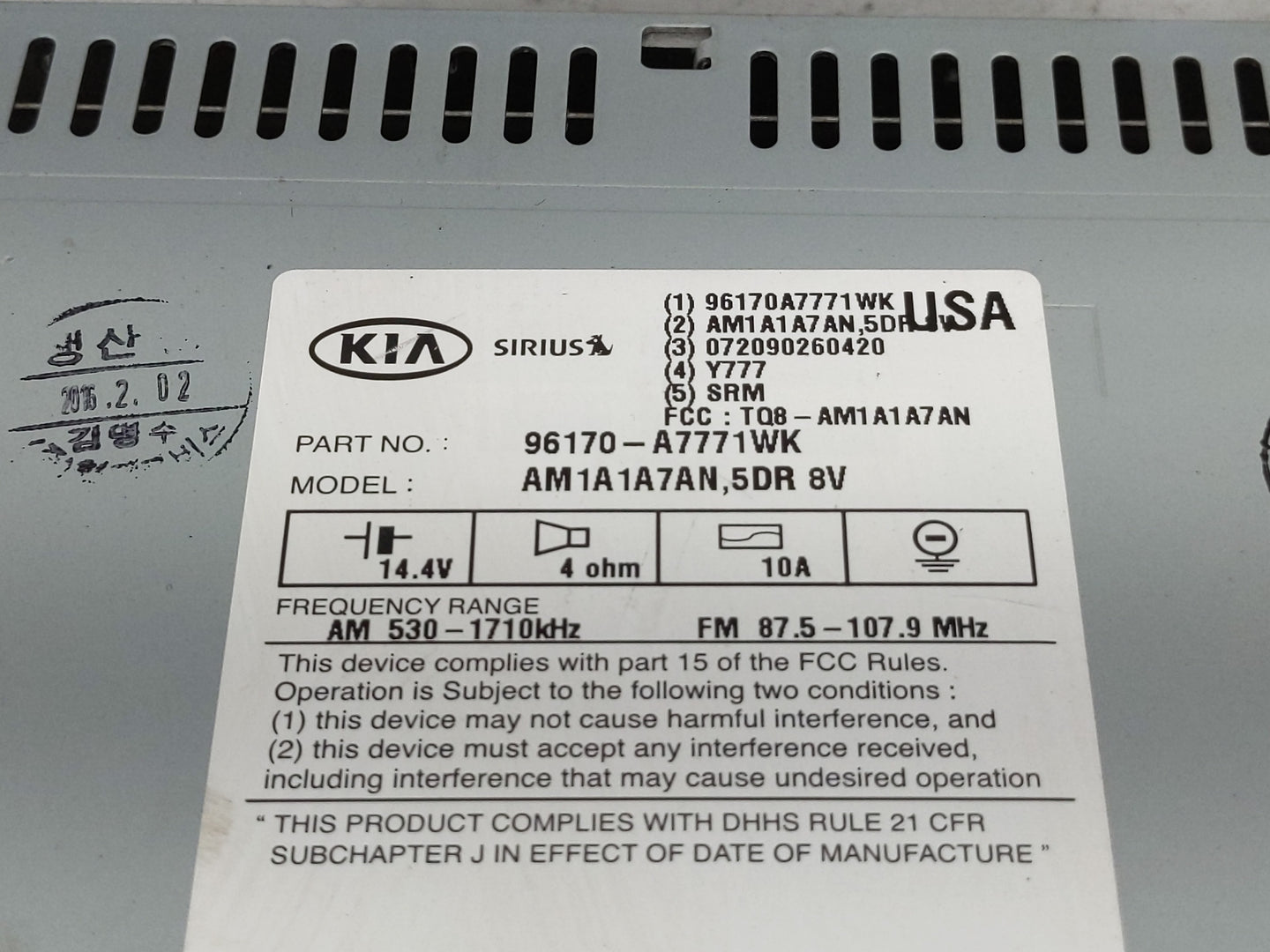 2014-2016 Kia Forte Radio AM FM Cd Player Receiver Replacement P/N:96170-A7771WK Fits Fits 2014 2015 2016 OEM Used Auto Part