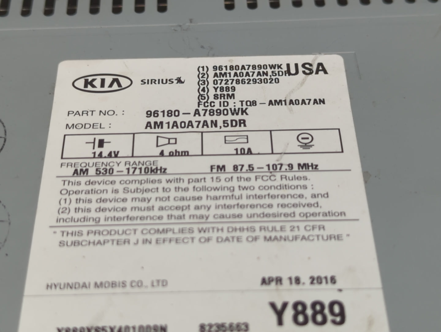 2015-2016 Kia Forte Radio AM FM Cd Player Receiver Replacement P/N:96180-A7890WK Fits Fits 2015 2016 OEM Used Auto Parts - O