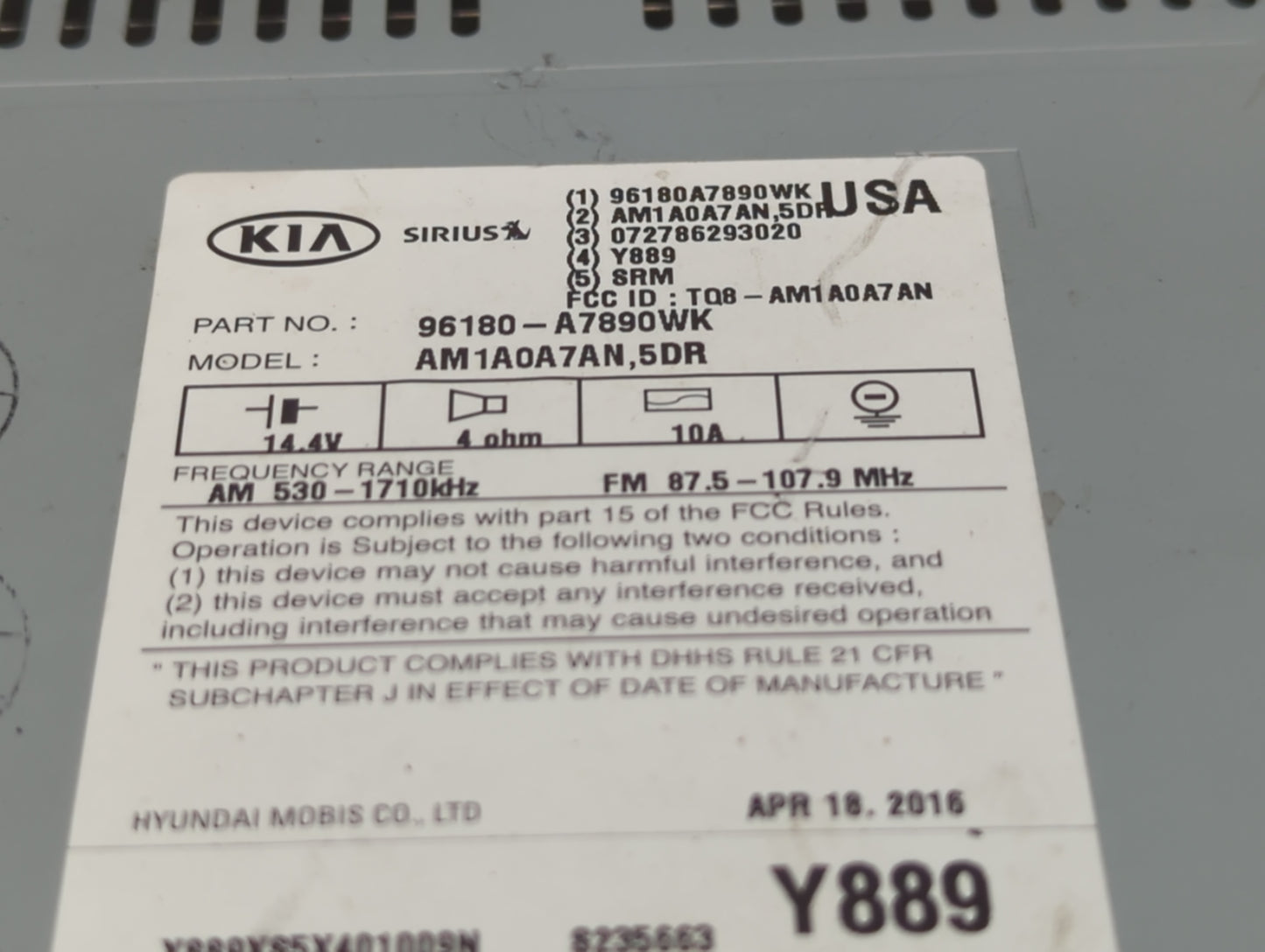 2015-2016 Kia Forte Radio AM FM Cd Player Receiver Replacement P/N:96180-A7890WK Fits Fits 2015 2016 OEM Used Auto Parts - O