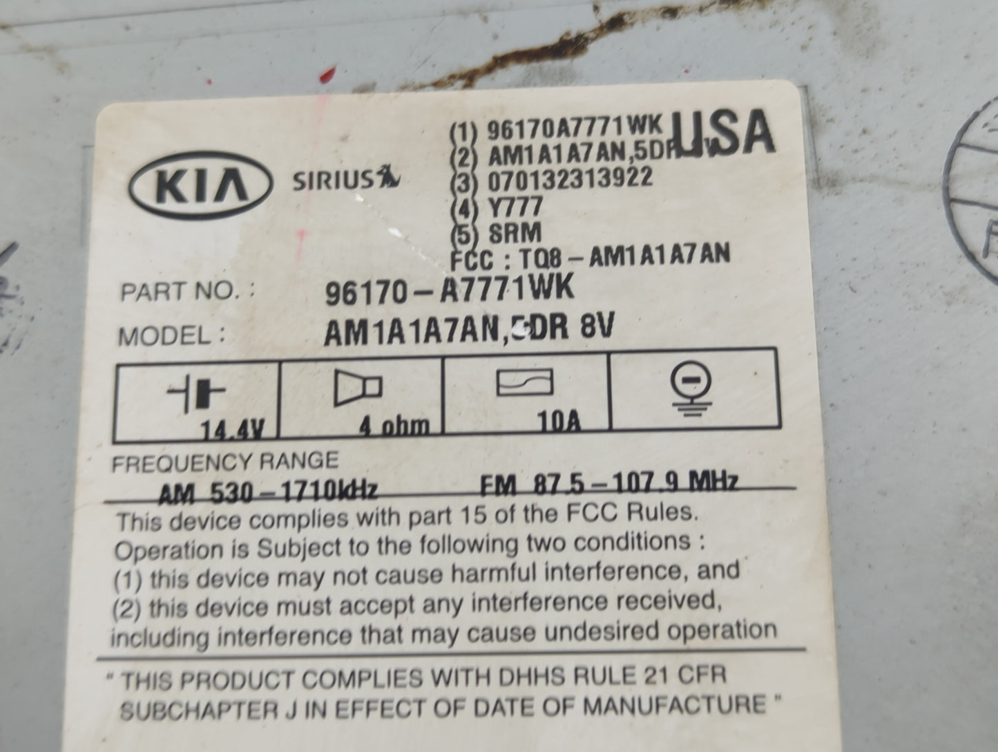 2014-2016 Kia Forte Radio AM FM Cd Player Receiver Replacement P/N:96170A7771WK 96170-A7771WK, AM1A1A7AN Fits Fits 2014 2015