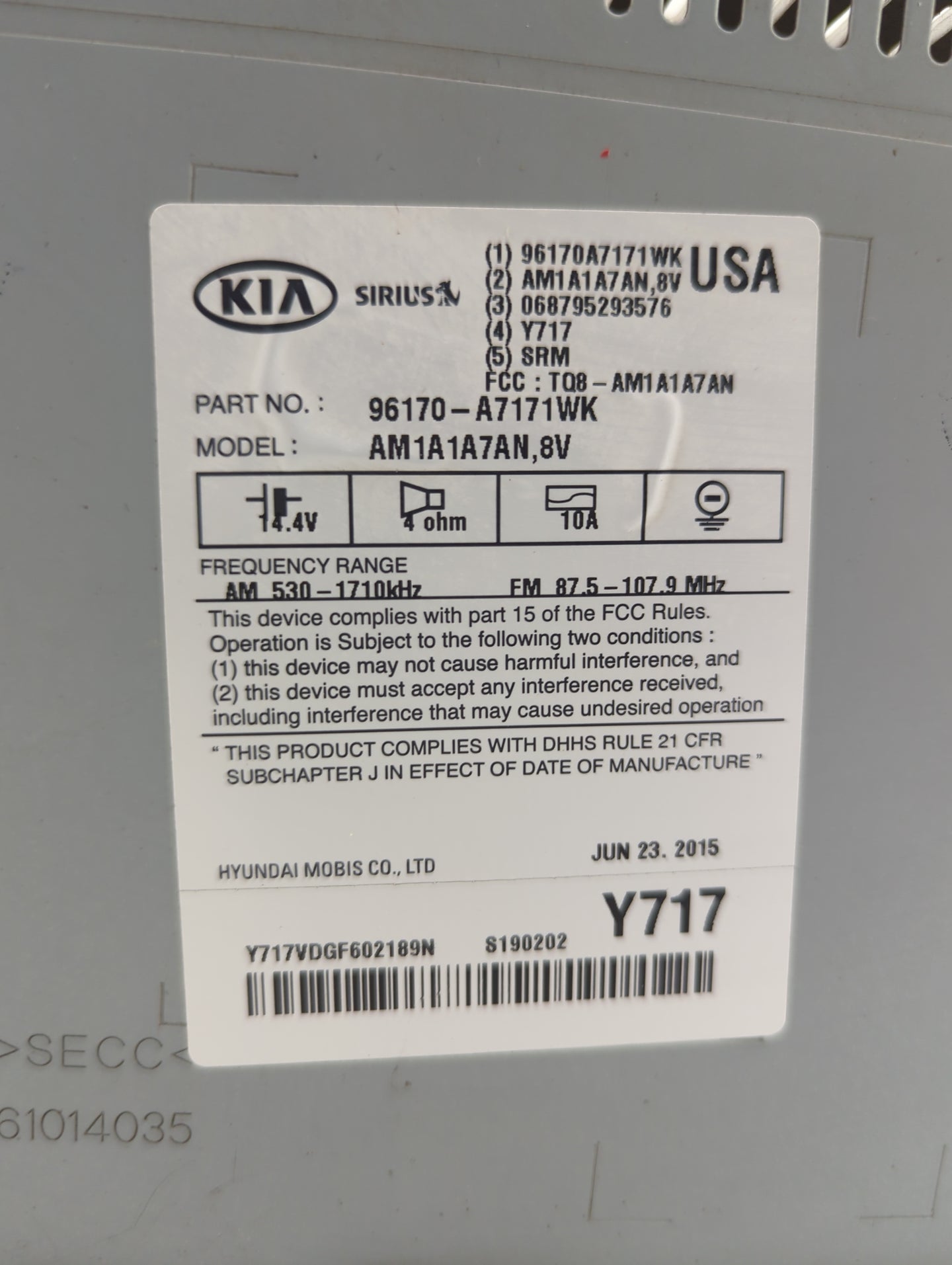 2014-2016 Kia Forte Radio AM FM Cd Player Receiver Replacement P/N:96170-A7171WK AM1A1A7AN,8V Fits Fits 2014 2015 2016 OEM U