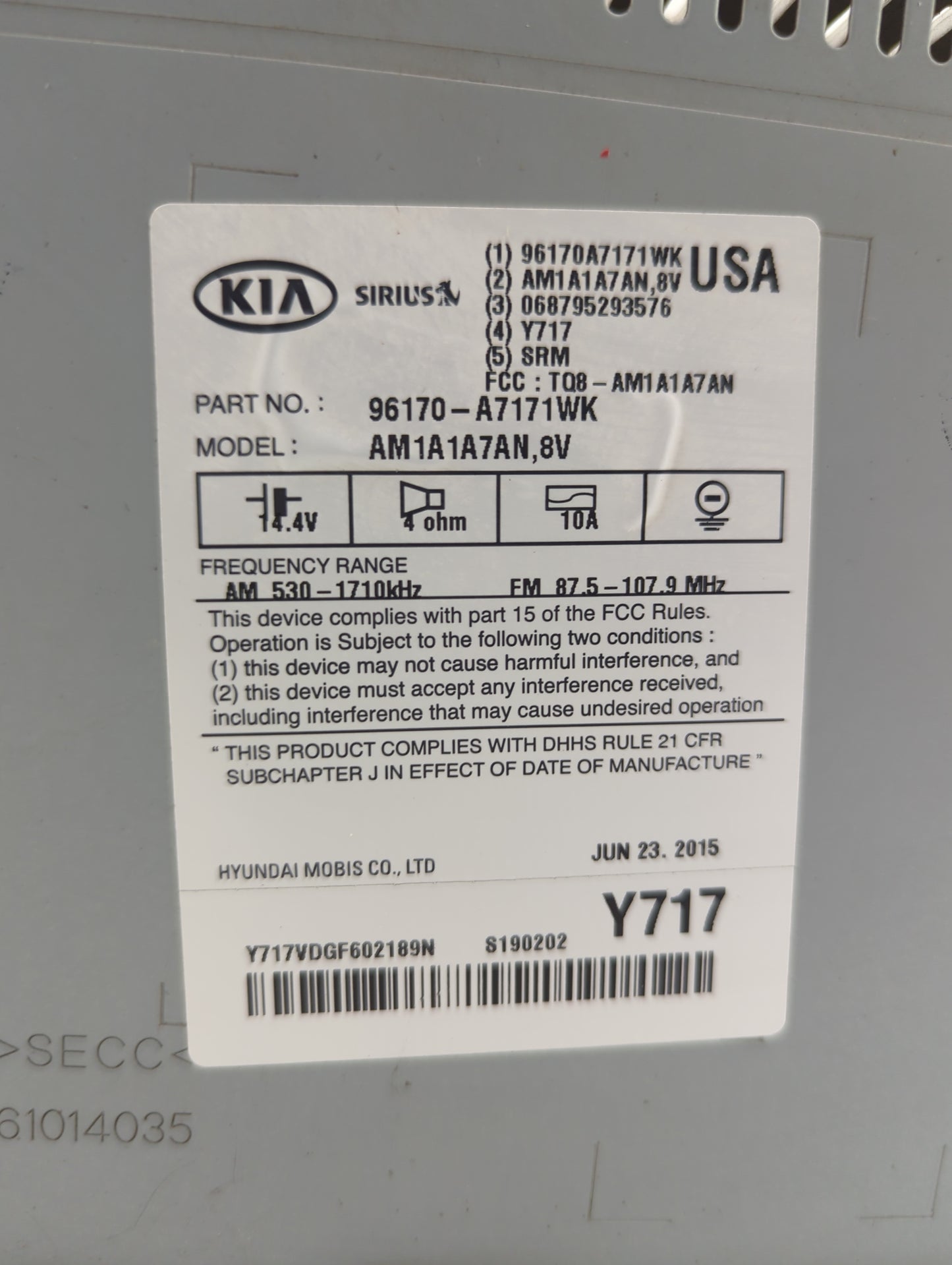 2014-2016 Kia Forte Radio AM FM Cd Player Receiver Replacement P/N:96170-A7171WK AM1A1A7AN,8V Fits Fits 2014 2015 2016 OEM U