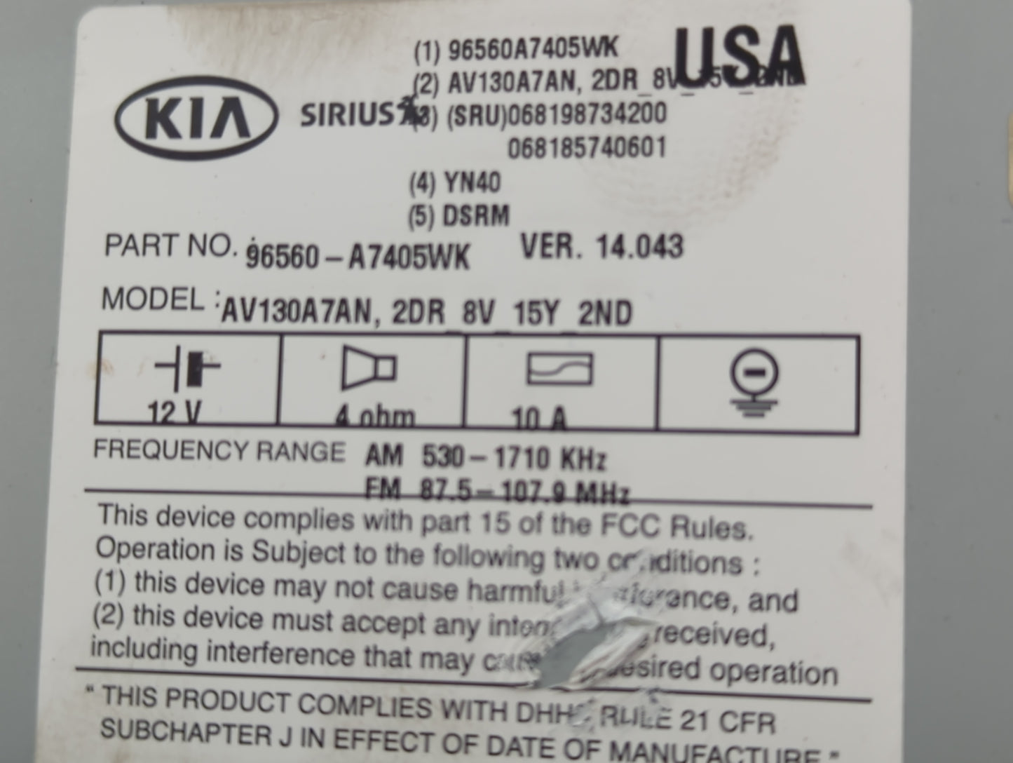 2014-2016 Kia Forte Radio AM FM Cd Player Receiver Replacement P/N:96560-A7405WK 96560A7405WK, AV130A7AN Fits Fits 2014 2015