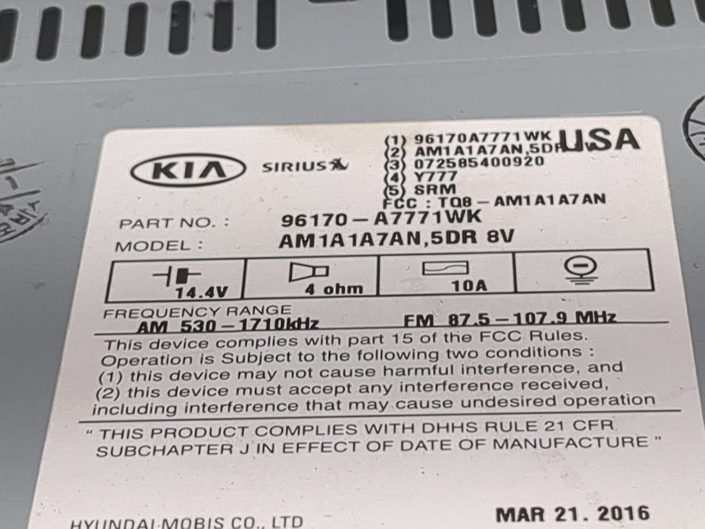2014-2016 Kia Forte Radio AM FM Cd Player Receiver Replacement P/N:96170-A7771WK 96170A7771WK Fits Fits 2014 2015 2016 OEM U