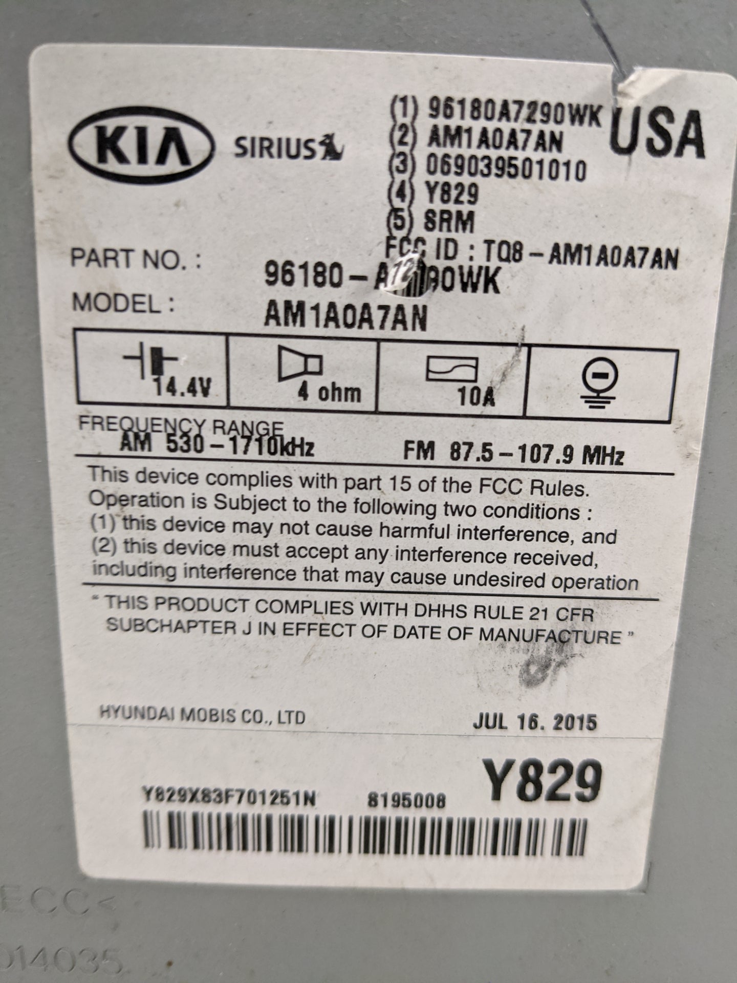 2015-2016 Kia Forte Radio AM FM Cd Player Receiver Replacement P/N:96180-A7290WK AM1A0A7AN, TQ8-AM1A0A7AN Fits Fits 2015 201