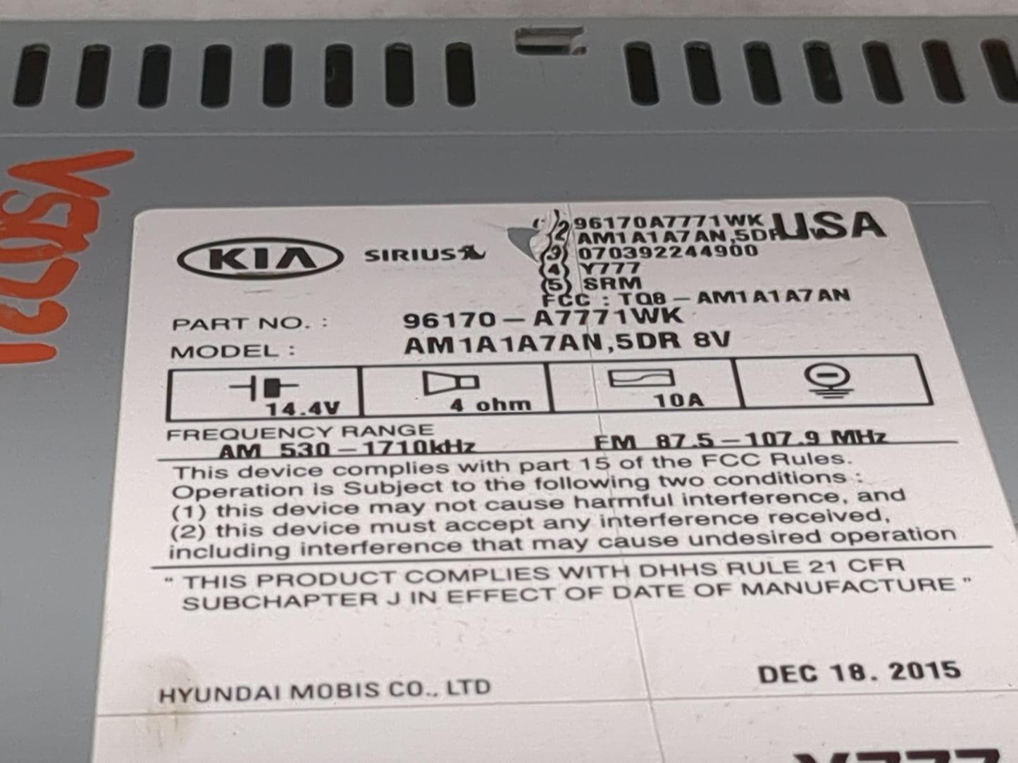 2014-2016 Kia Forte Radio AM FM Cd Player Receiver Replacement P/N:96170-A7771WK AM1A1A7AN, TQ8-AM1A1A7AN Fits Fits 2014 201