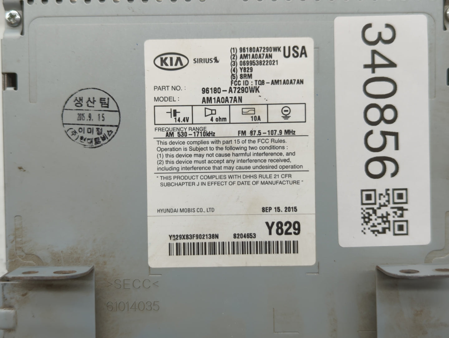 2015-2016 Kia Forte Radio AM FM Cd Player Receiver Replacement P/N:96160-A710WK 96180-A7290WK Fits Fits 2015 2016 OEM Used A