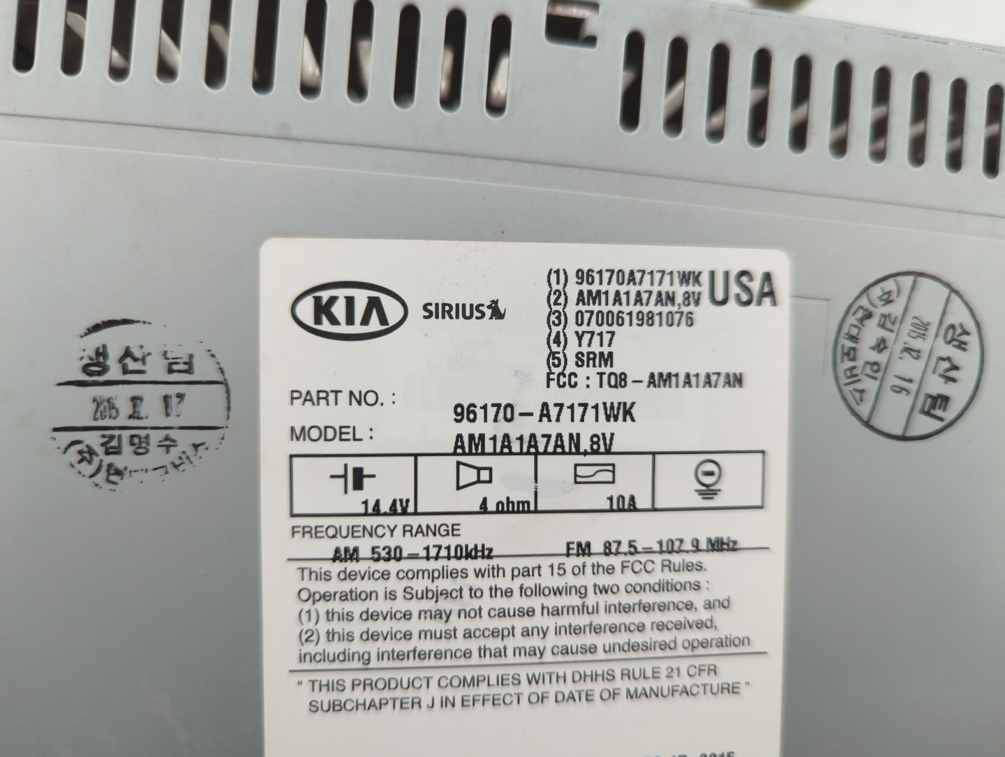 2014-2016 Kia Forte Radio AM FM Cd Player Receiver Replacement P/N:96170-A717WK Fits Fits 2014 2015 2016 OEM Used Auto Parts
