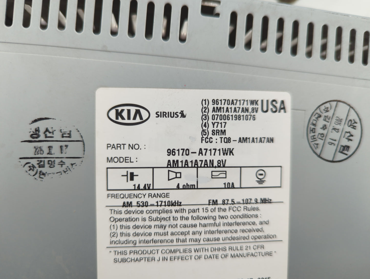 2014-2016 Kia Forte Radio AM FM Cd Player Receiver Replacement P/N:96170-A717WK Fits Fits 2014 2015 2016 OEM Used Auto Parts