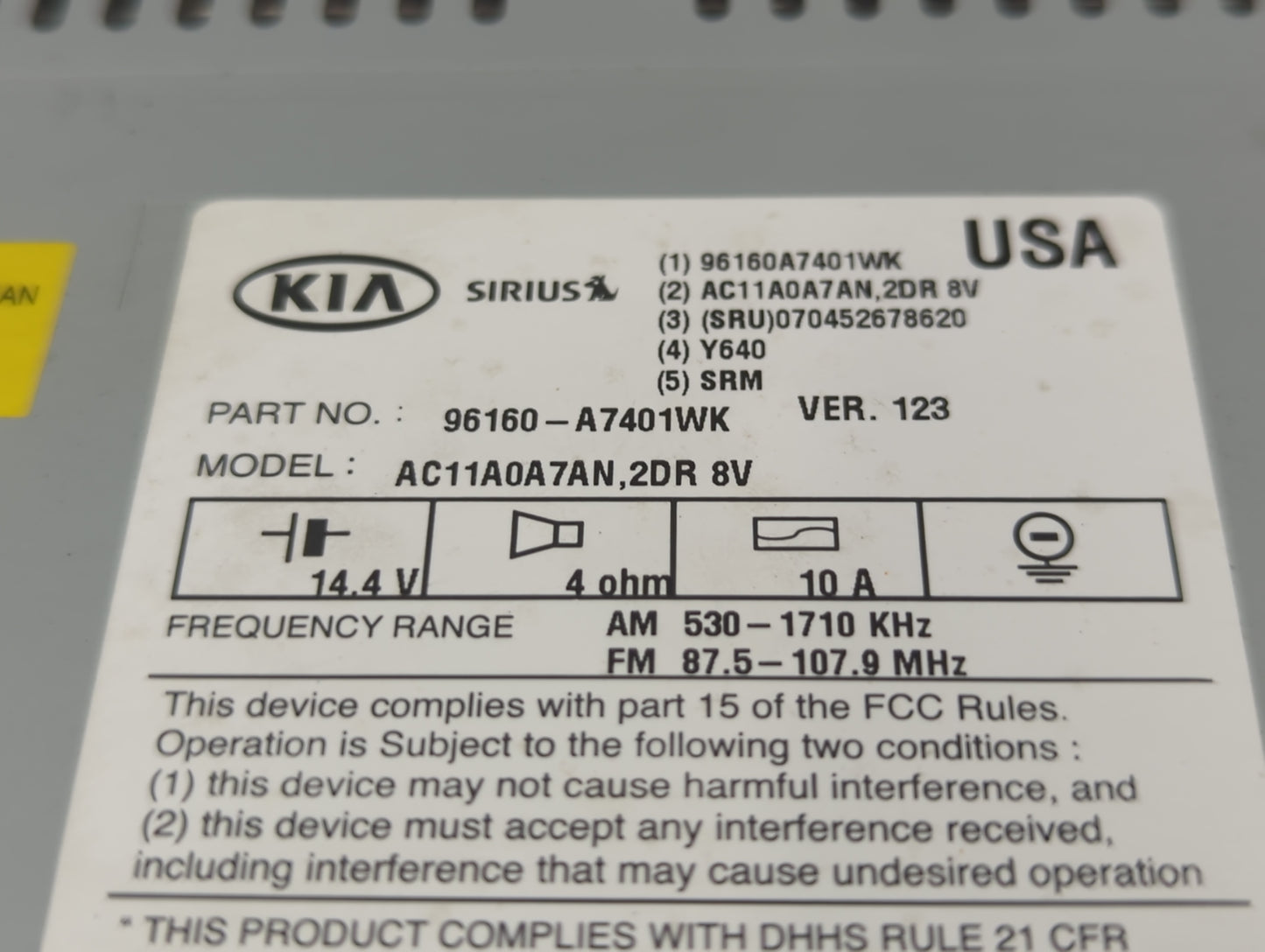 2014-2016 Kia Forte Radio AM FM Cd Player Receiver Replacement P/N:96160-A7401WK Fits Fits 2014 2015 2016 OEM Used Auto Part