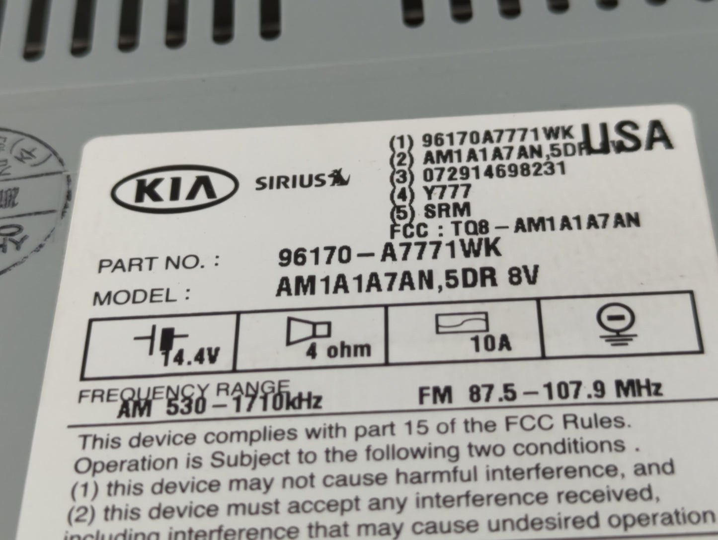 2015-2016 Kia Forte Radio AM FM Cd Player Receiver Replacement P/N:96170-A7771WK Fits Fits 2015 2016 OEM Used Auto Parts - O