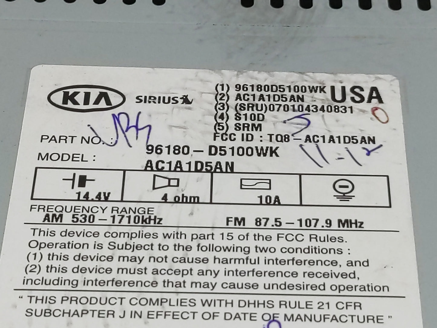 2016-2018 Kia Optima Radio AM FM Cd Player Receiver Replacement P/N:96180-D5100WK Fits Fits 2016 2017 2018 OEM Used Auto Par