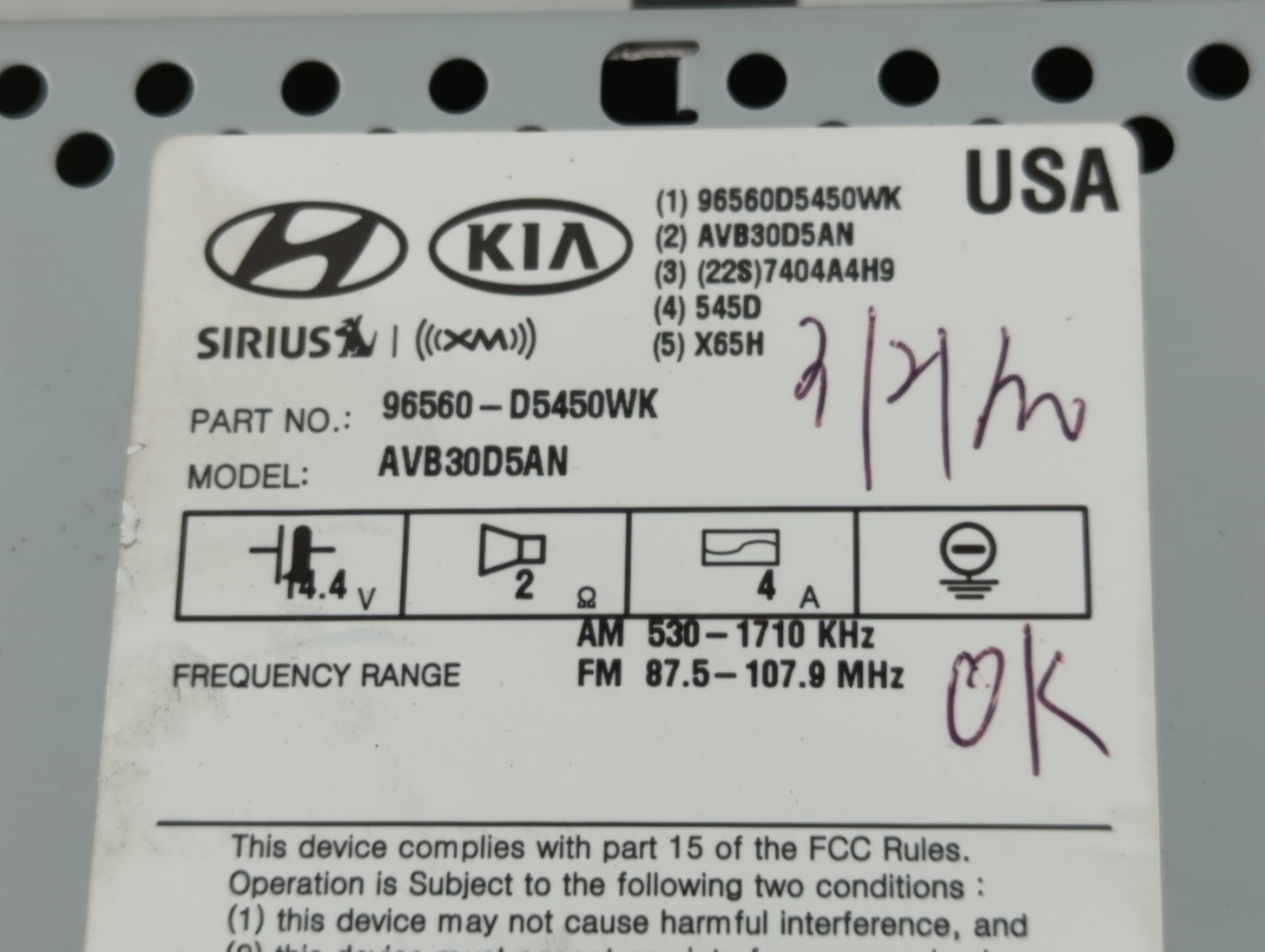 2016-2018 Kia Optima Radio AM FM Cd Player Receiver Replacement P/N:96560-D5450WK Fits Fits 2016 2017 2018 OEM Used Auto Par
