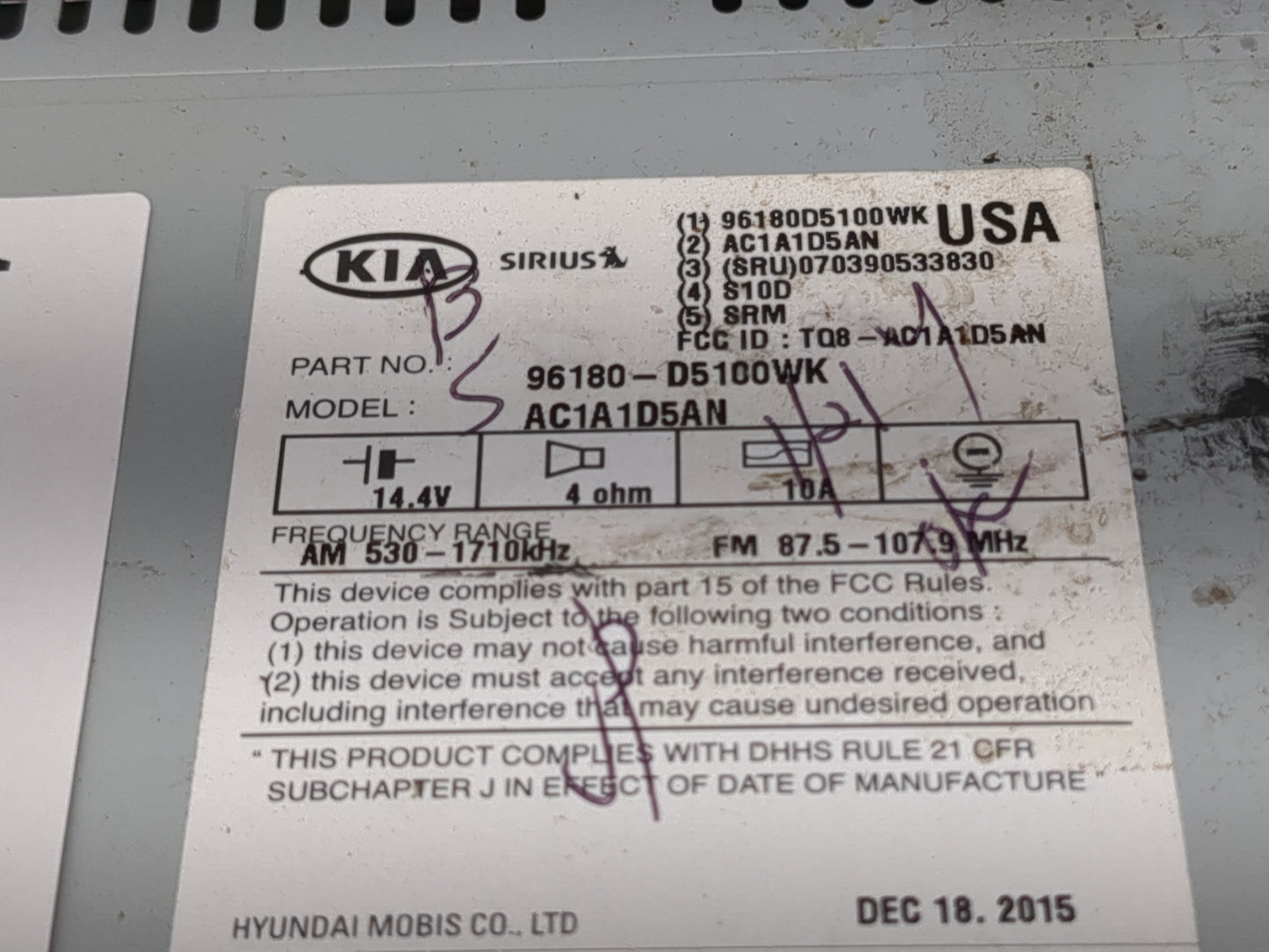 2016-2018 Kia Optima Radio AM FM Cd Player Receiver Replacement P/N:96160-D5100WK Fits Fits 2016 2017 2018 OEM Used Auto Par