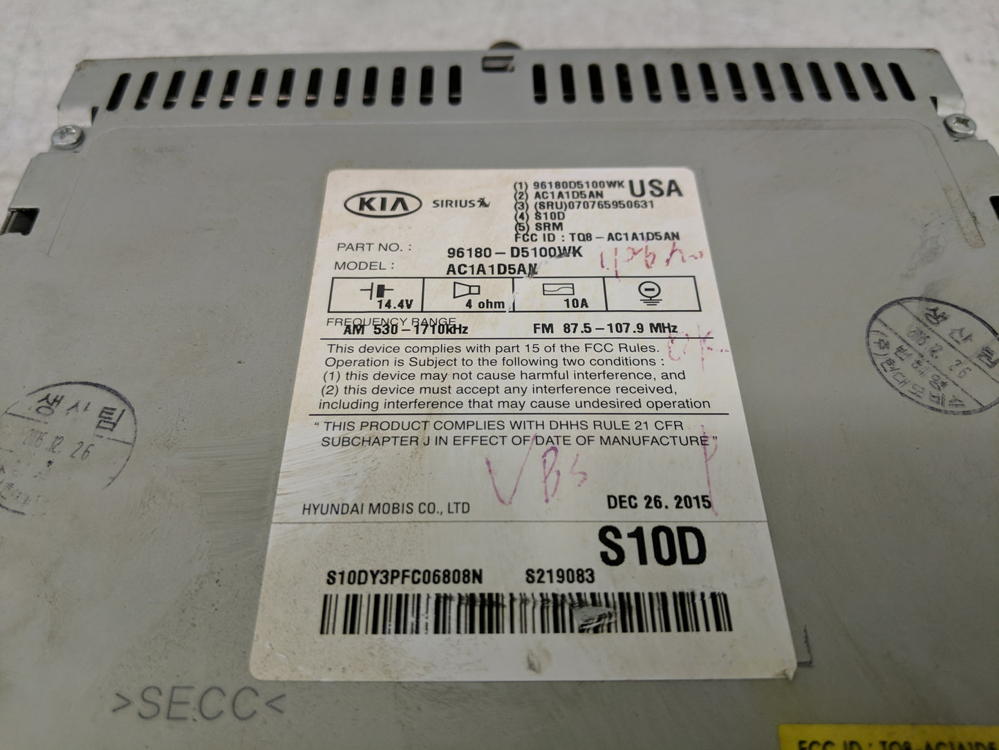 2016-2018 Kia Optima Radio AM FM Cd Player Receiver Replacement P/N:96180-D5100WK Fits Fits 2016 2017 2018 OEM Used Auto Par