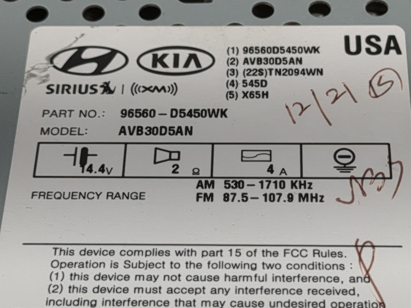2016-2018 Kia Optima Radio AM FM Cd Player Receiver Replacement P/N:96560-D5450WK Fits Fits 2016 2017 2018 OEM Used Auto Par