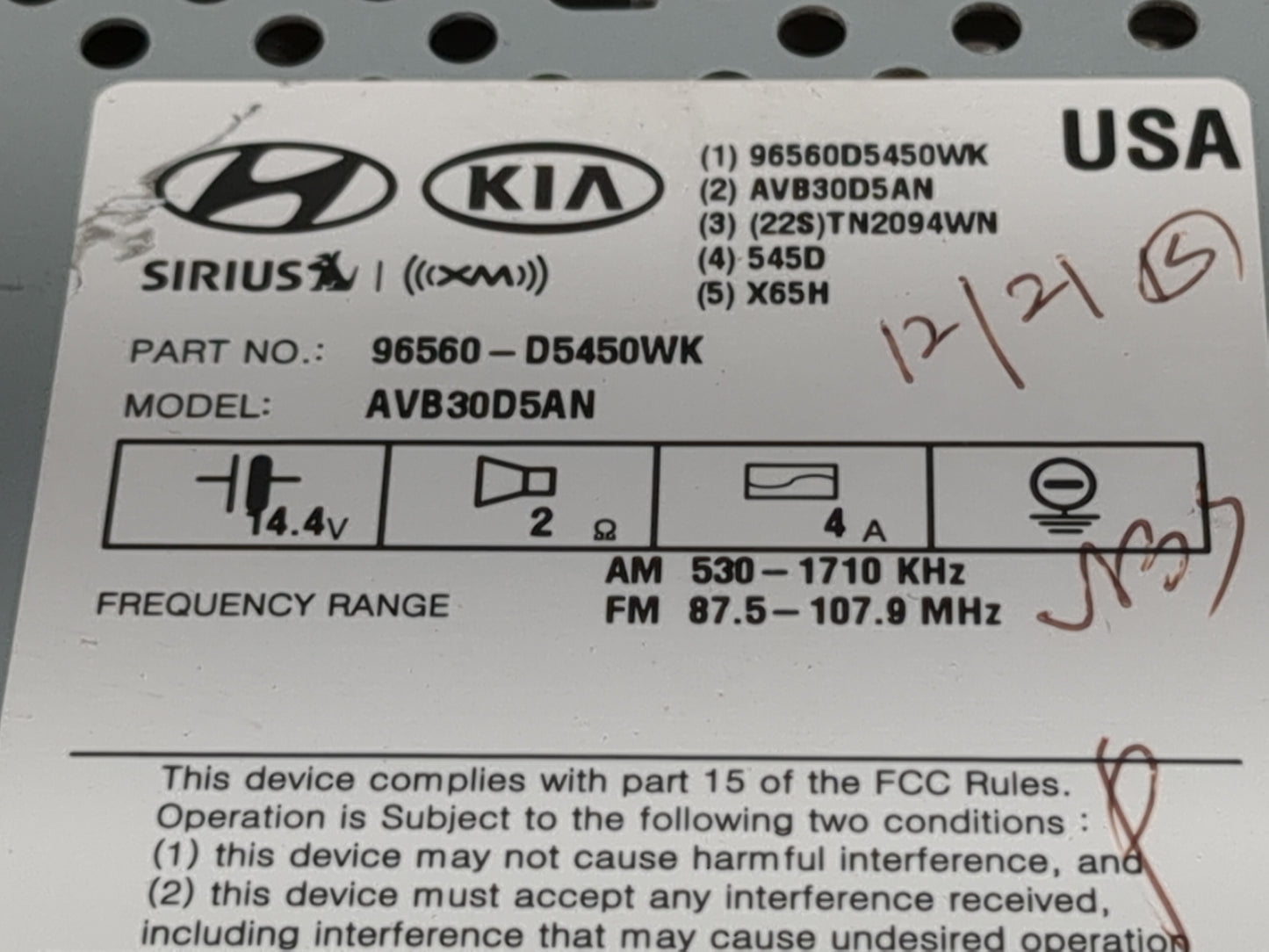 2016-2018 Kia Optima Radio AM FM Cd Player Receiver Replacement P/N:96560-D5450WK Fits Fits 2016 2017 2018 OEM Used Auto Par