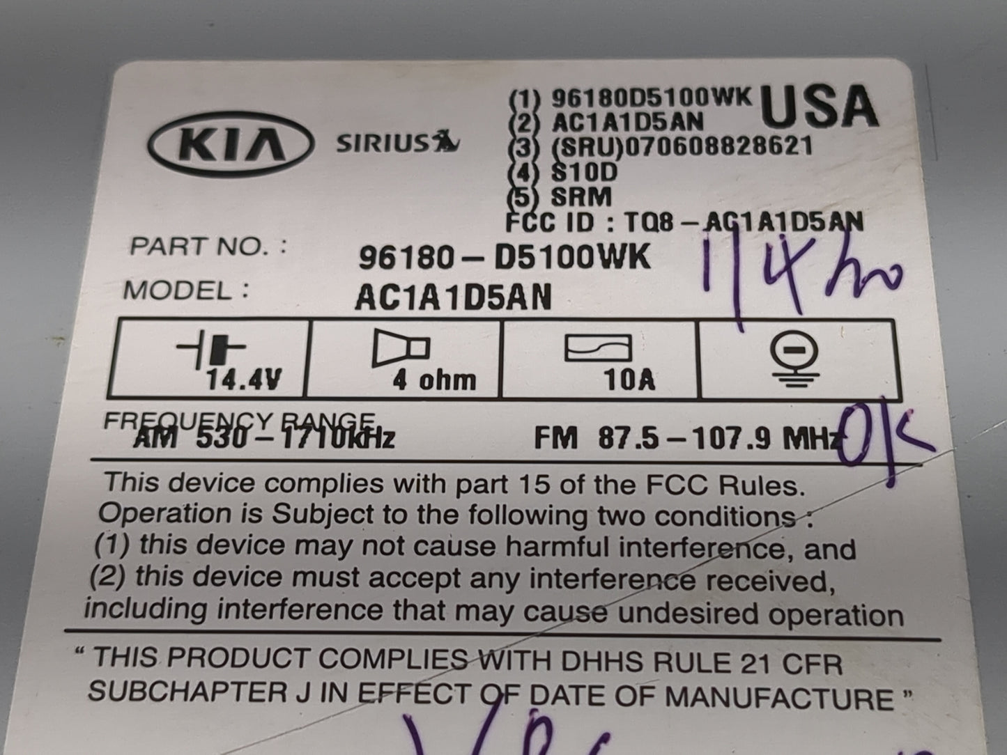 2016-2018 Kia Optima Radio AM FM Cd Player Receiver Replacement P/N:96180-D5100WK Fits Fits 2016 2017 2018 OEM Used Auto Par