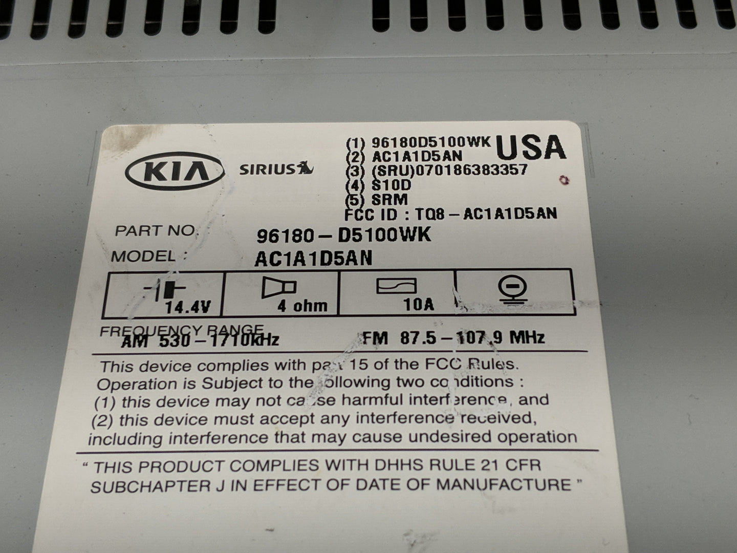 2016-2018 Kia Optima Radio AM FM Cd Player Receiver Replacement P/N:96180-D5100WK Fits Fits 2016 2017 2018 OEM Used Auto Par