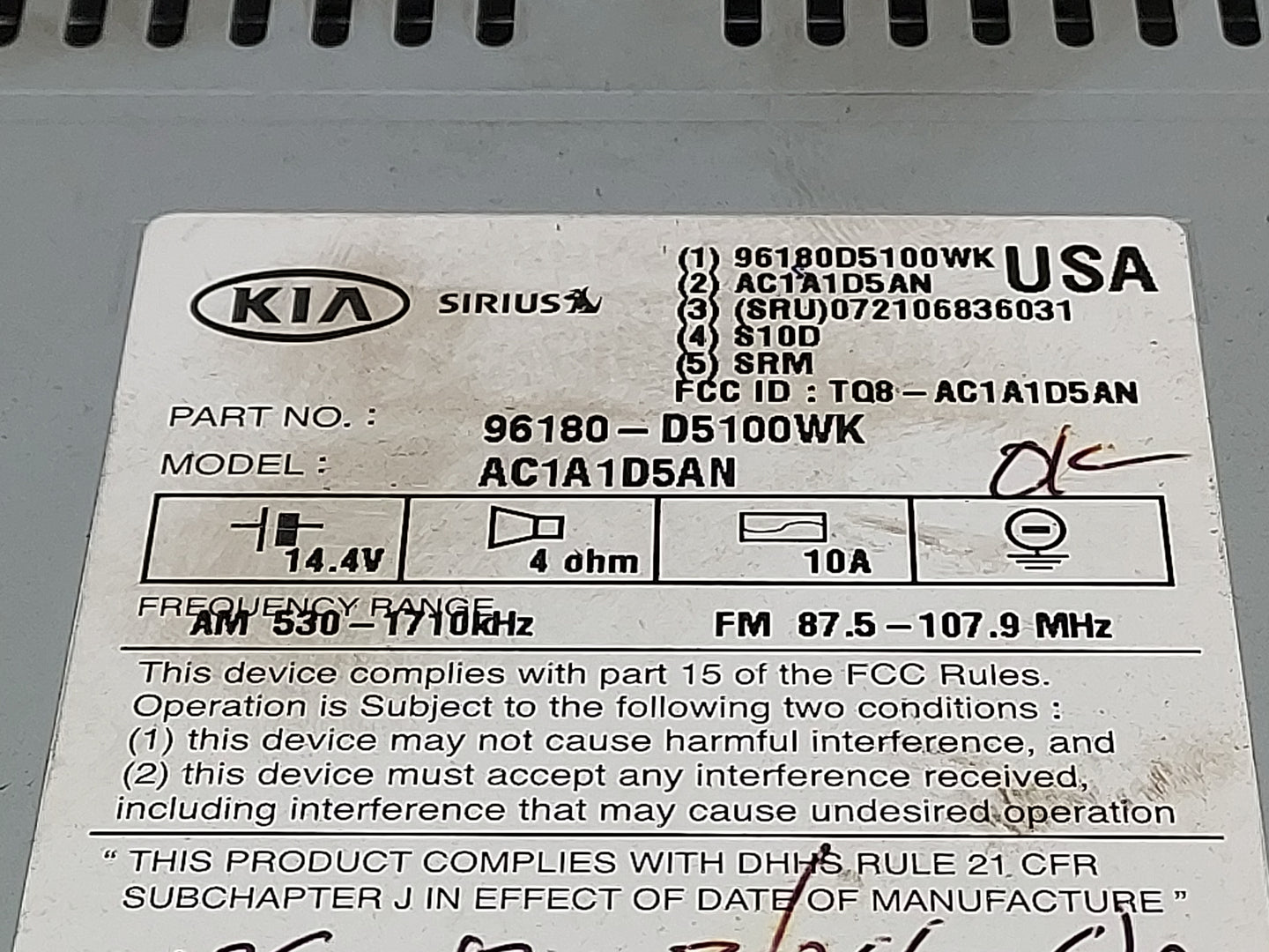 2016-2018 Kia Optima Radio AM FM Cd Player Receiver Replacement P/N:96180-D5100WK Fits Fits 2016 2017 2018 OEM Used Auto Par