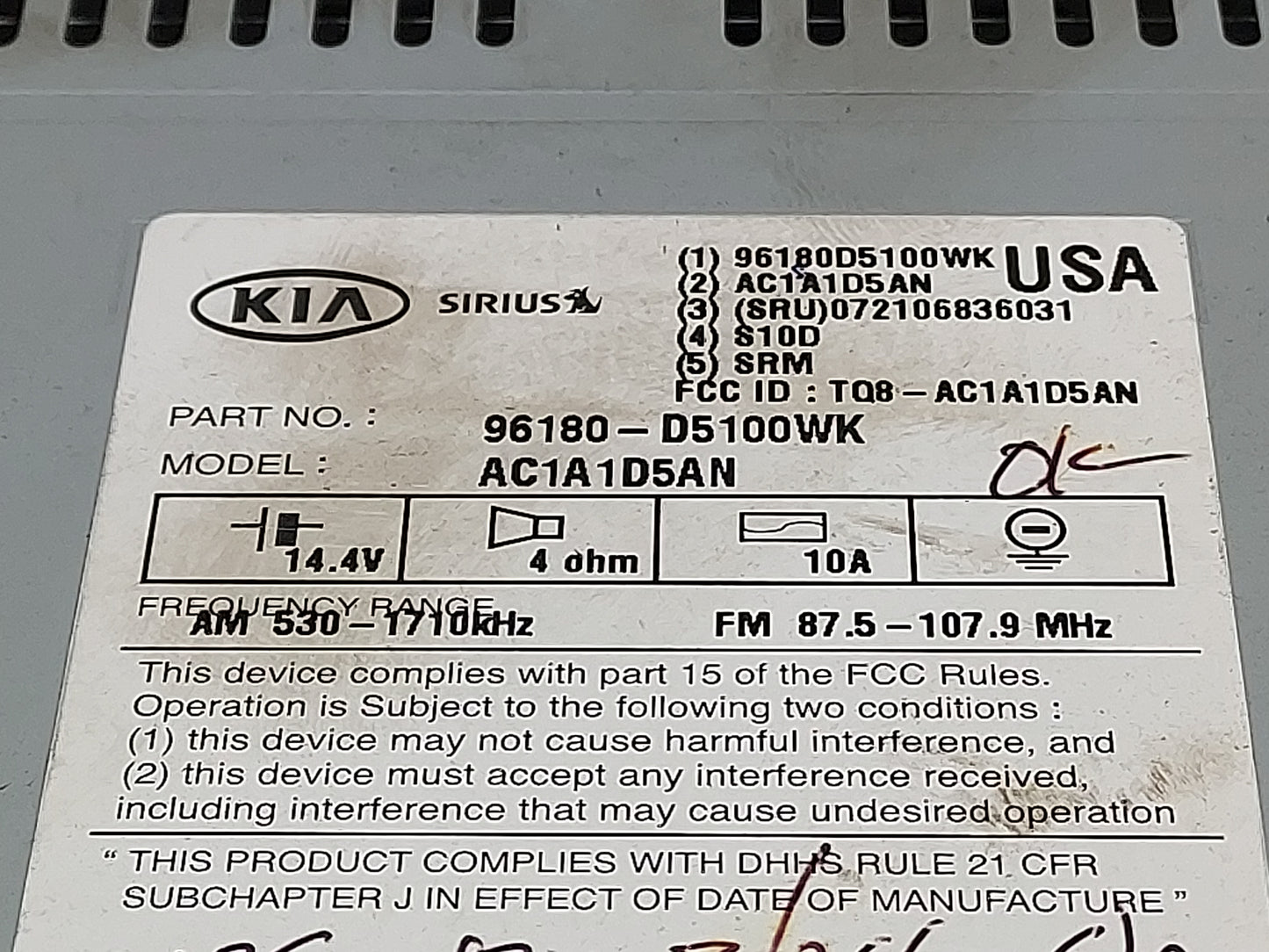 2016-2018 Kia Optima Radio AM FM Cd Player Receiver Replacement P/N:96180-D5100WK Fits Fits 2016 2017 2018 OEM Used Auto Par