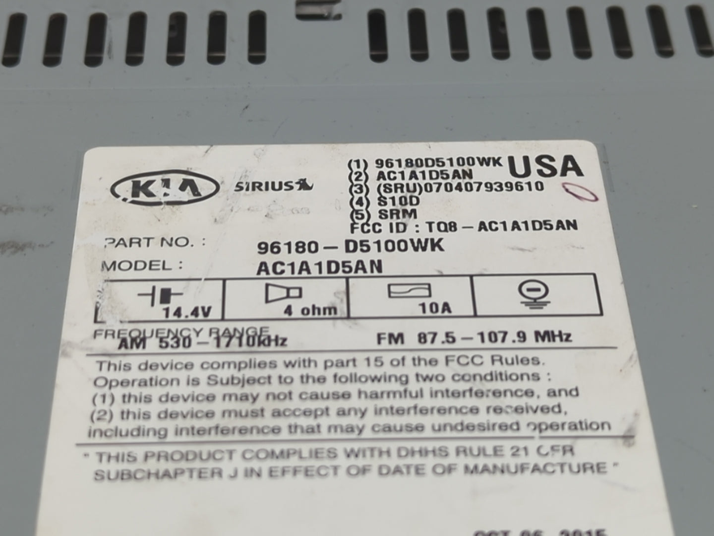 2016-2018 Kia Optima Radio AM FM Cd Player Receiver Replacement P/N:96180-D5100WK Fits Fits 2016 2017 2018 OEM Used Auto Par