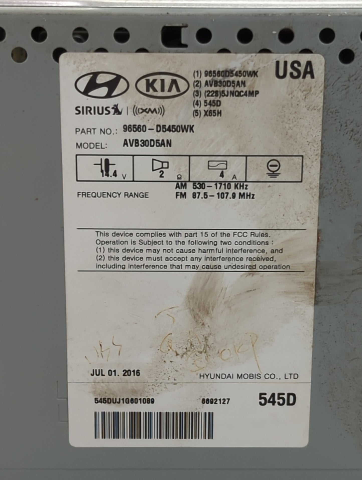 2016-2018 Kia Optima Radio AM FM Cd Player Receiver Replacement P/N:96560-D5450WK AVB30D5AN Fits Fits 2016 2017 2018 OEM Use