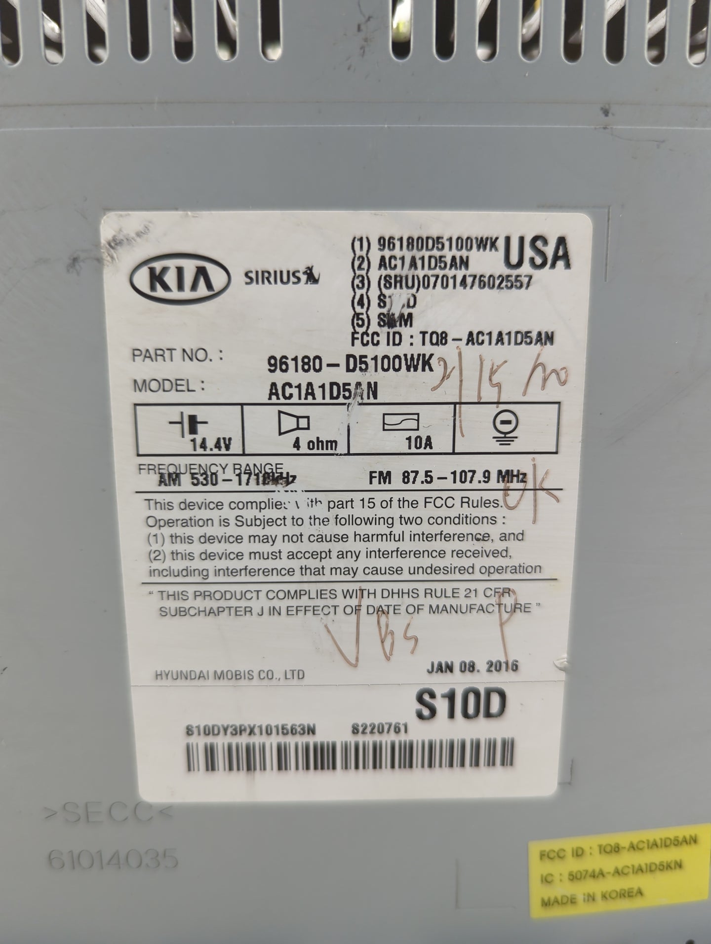 2016-2018 Kia Optima Radio AM FM Cd Player Receiver Replacement P/N:96180-D5100WK Fits Fits 2016 2017 2018 OEM Used Auto Par